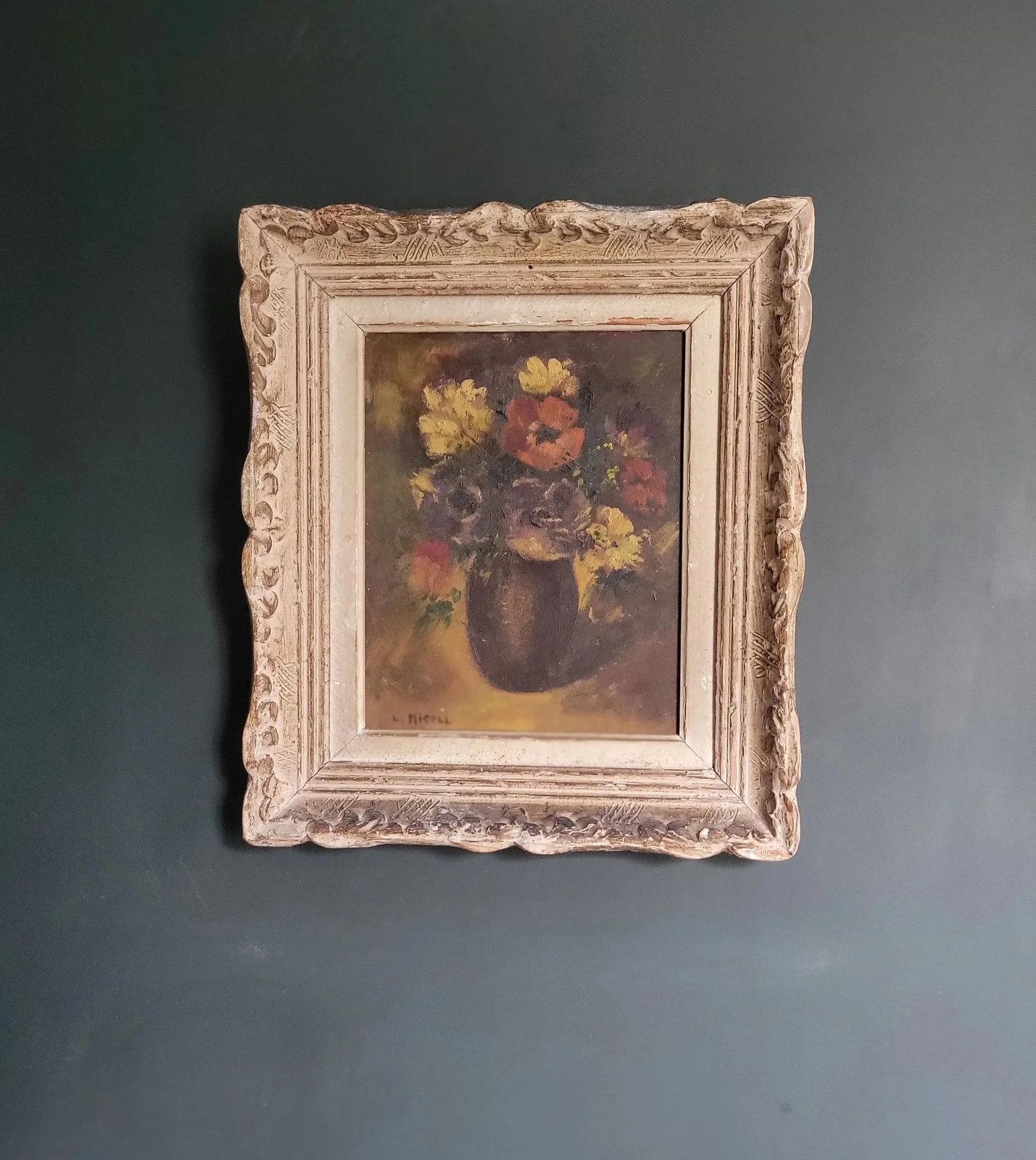 photo vintage French Anemones  Original Framed French Floral Still Life