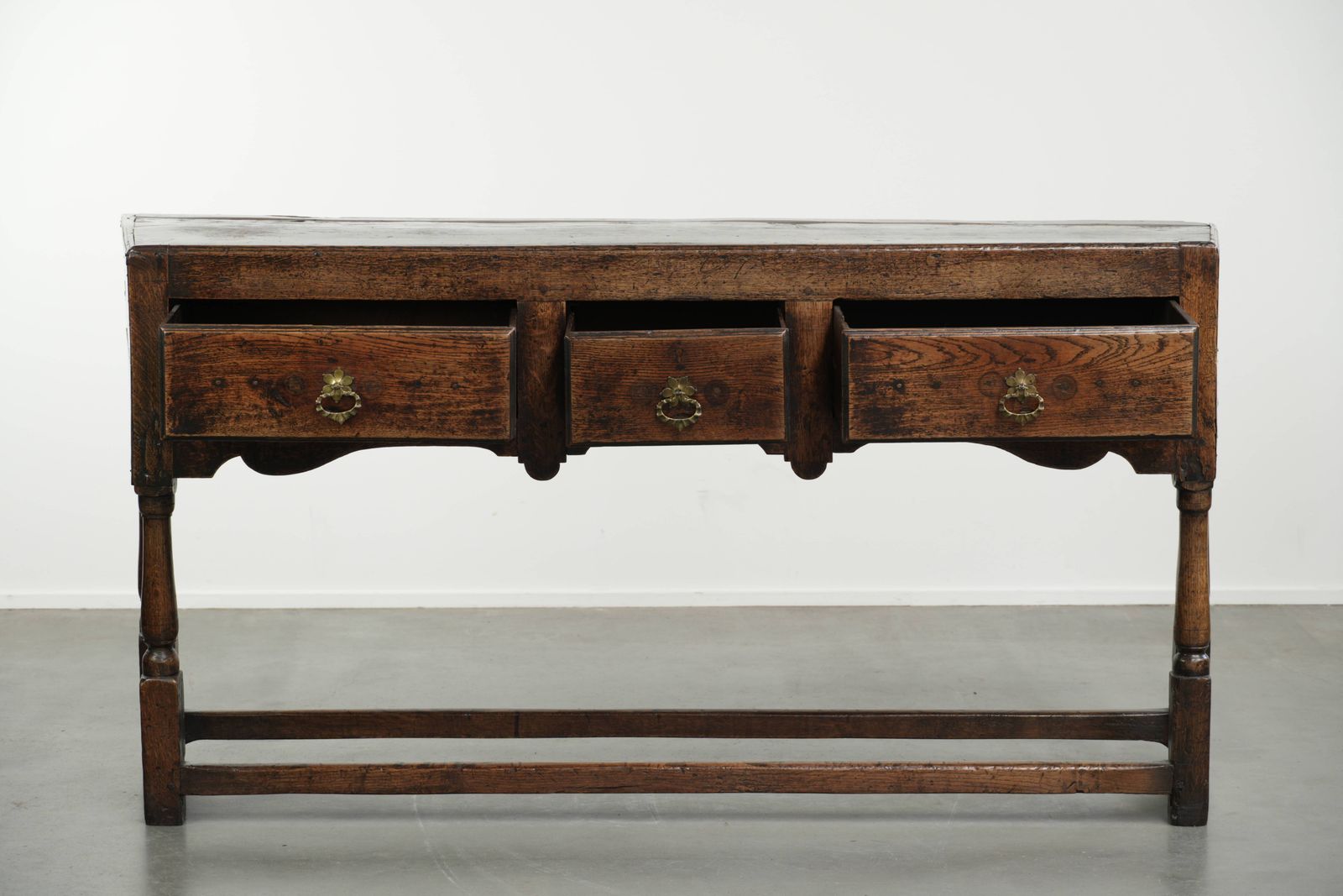 Beautiful Antique English Oak Sideboard With Three Drawers From The Late 17th/Early 18th Century With A Lovely Appearance. photo furniture