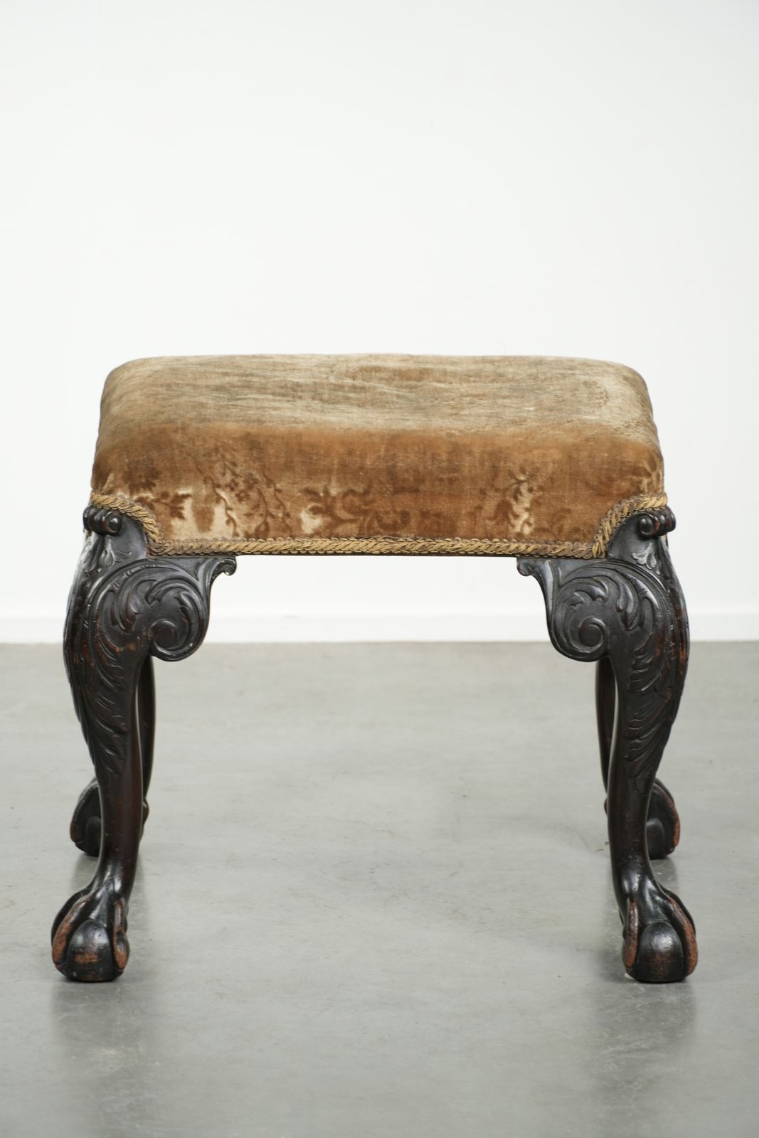 Antique Dutch Seat/Ottoman From The 18th Century With Velvet Fabric, Beautiful Wood Carving, And Claw Feet. photo furniture