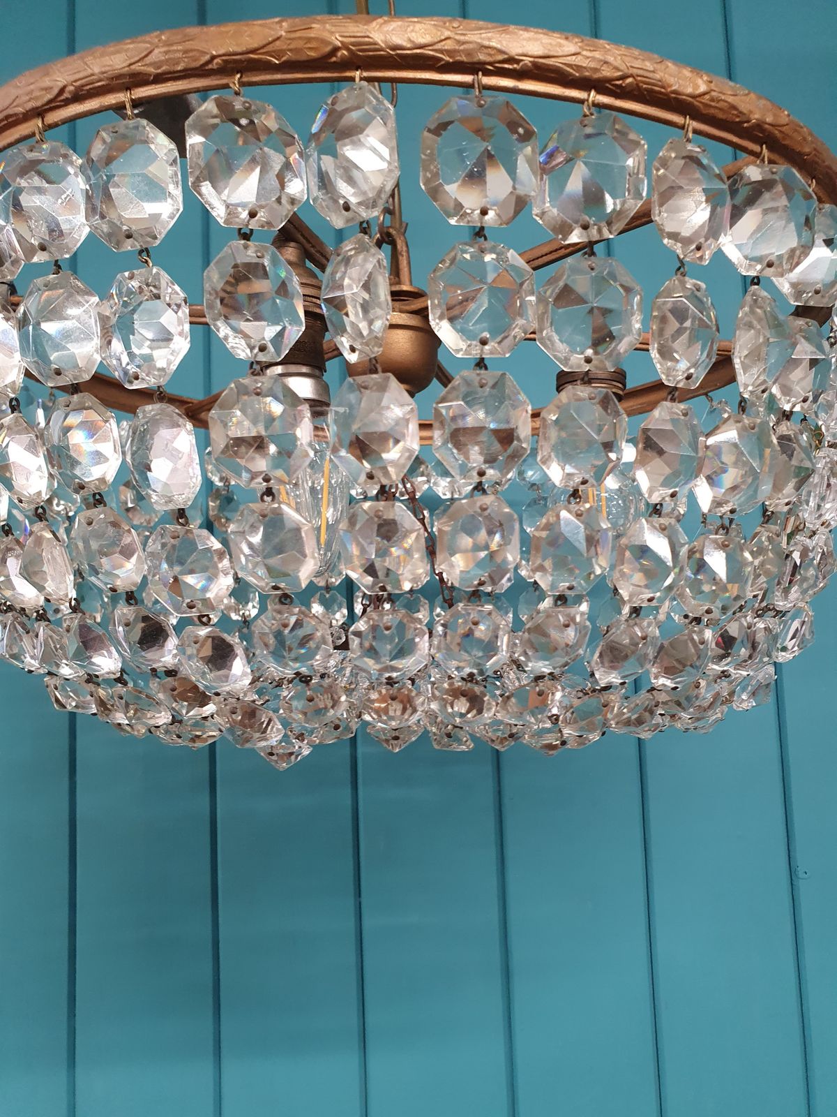 Antique Early 20th Century Brass & Cut Glass Bag Chandelier 16" photo Lighting