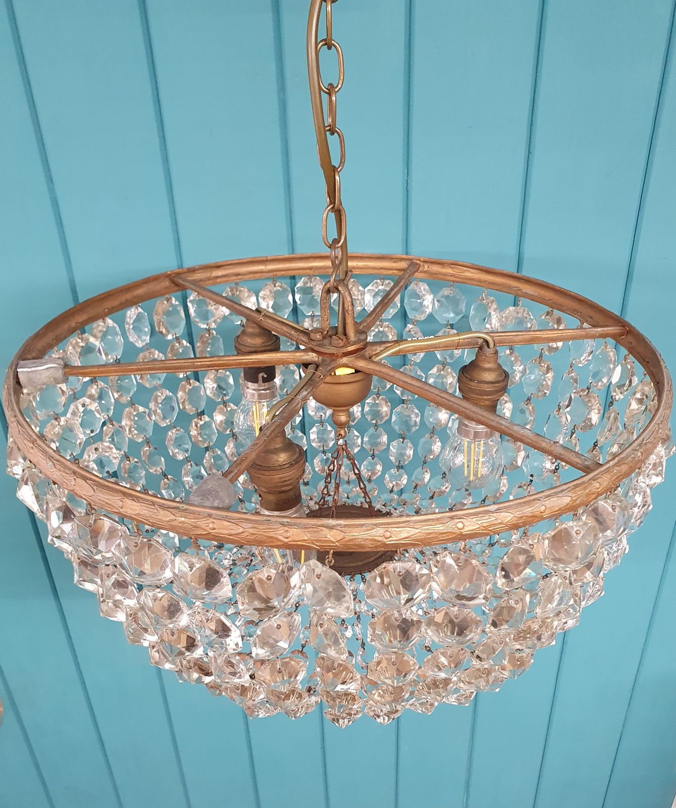 Antique Early 20th Century Brass & Cut Glass Bag Chandelier 16" photo 545.0