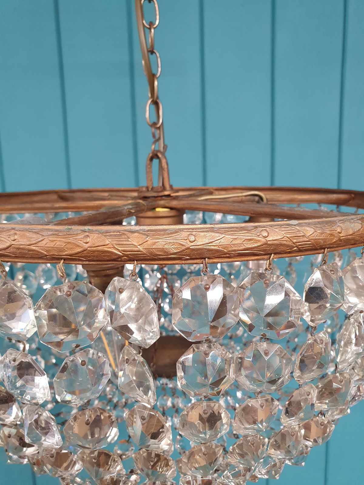 Antique Early 20th Century Brass & Cut Glass Bag Chandelier 16" photo buy