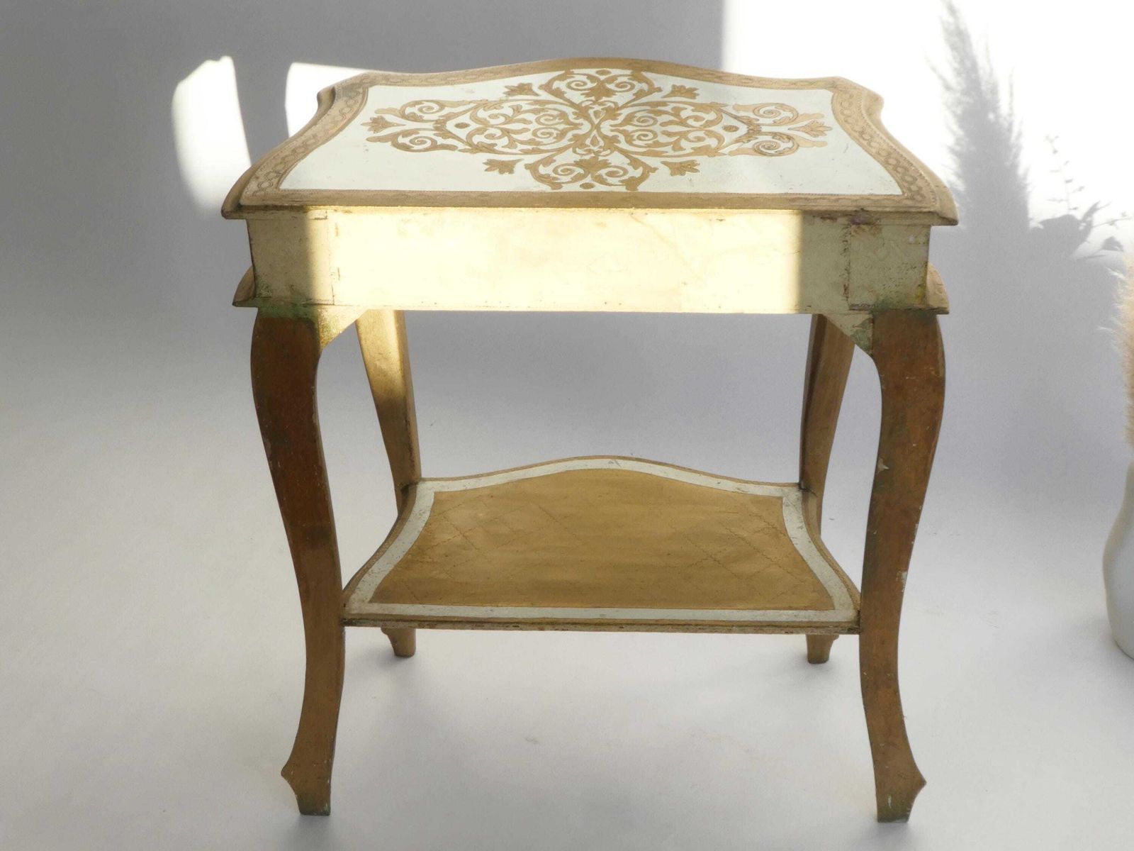 Furniture Mid Century Gilded Florentine Wooden Entry Table, Gold White Console, Mid Century Nightstand Hollywood Regency Side Table photo