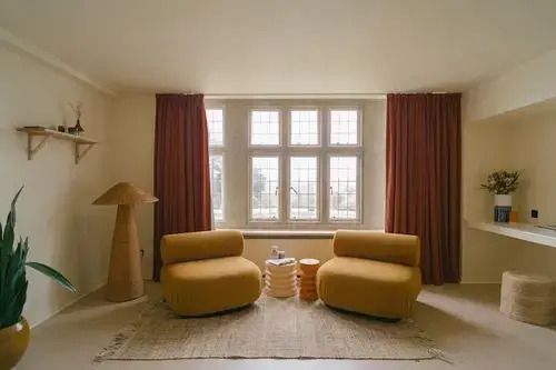 Pair Of Mid Century Modern Lounge Chairs   70s Style Mustard Armchairs photo for sale