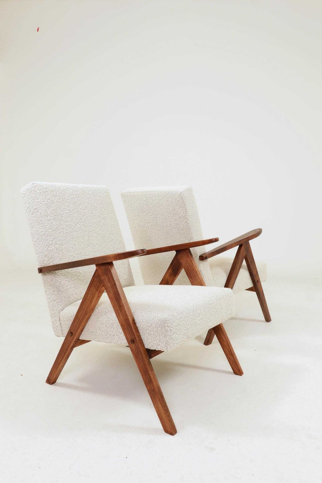 Pair Lounge Chairs Vintage Design Off White Bouclè Fabric Dark Beech Wood Classic Style photo vinterior