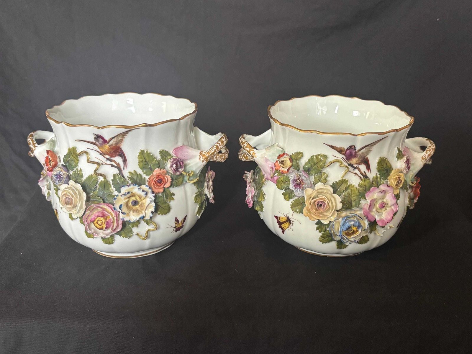 A Pair Of Antique Meissen Floral Encrusted Handle Vases C1910 Stunning Detail photo for sale