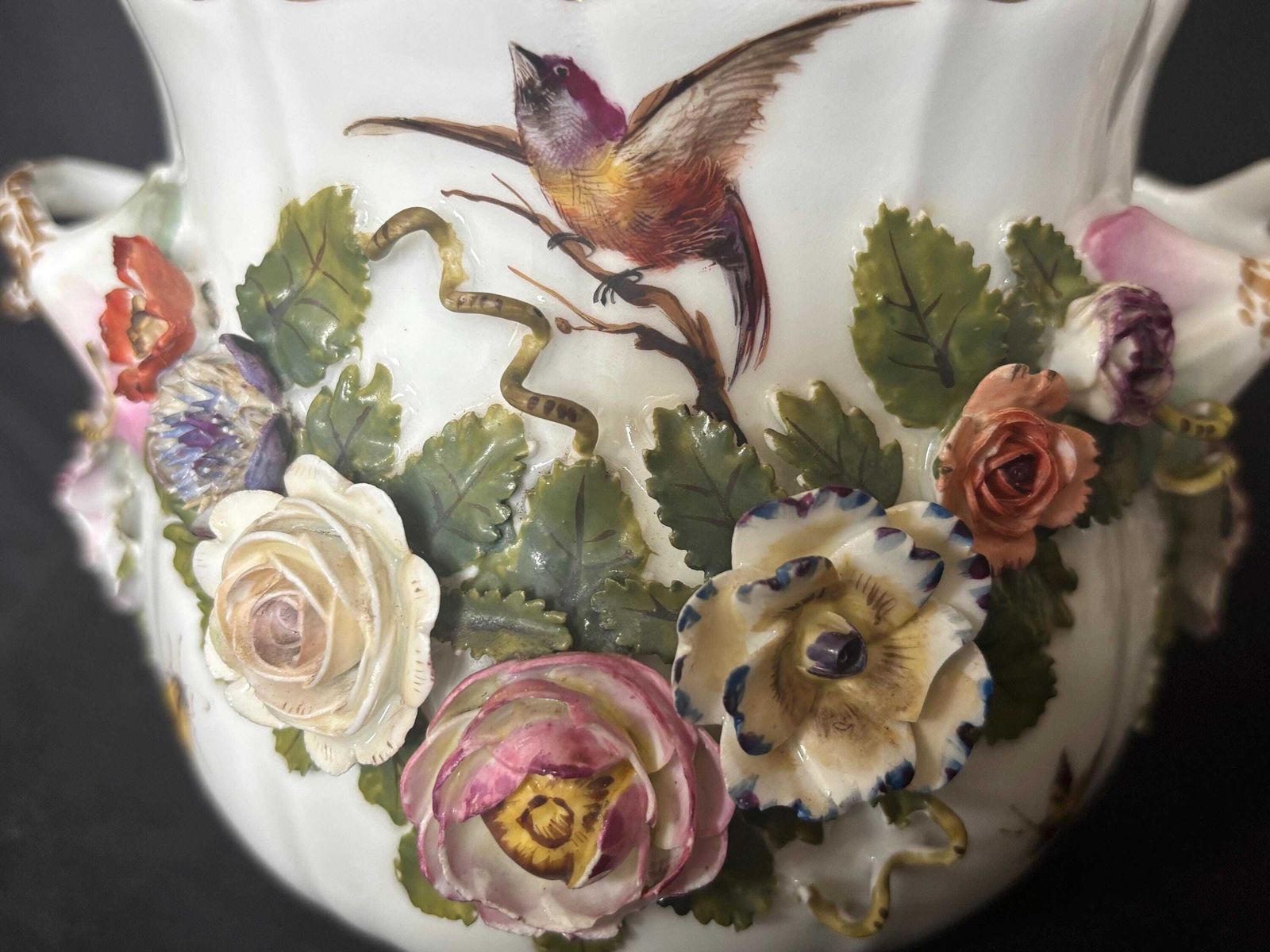 A Pair Of Antique Meissen Floral Encrusted Handle Vases C1910 Stunning Detail photo Home Decor