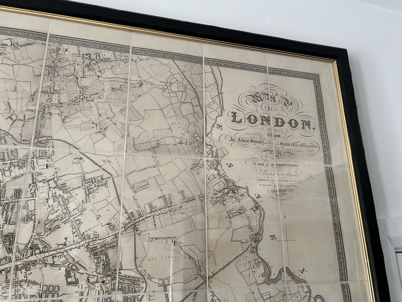Art Greenwood's Map Of London Blue River Circa 1827 Framed Distressed Black 81”X53” photo