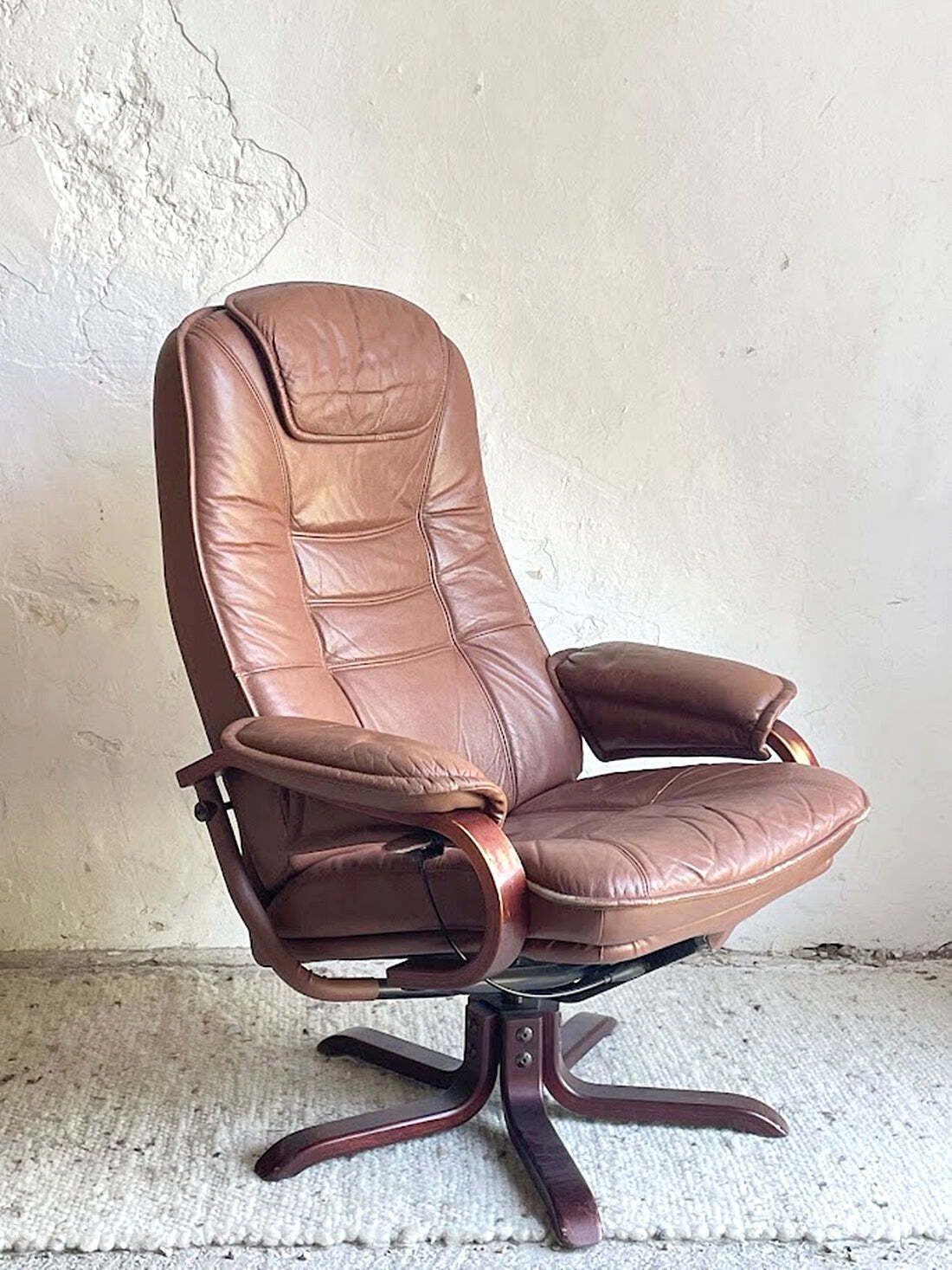 Scandinavian Brown Leather Recliner Lounge Chair With Ottoman, Circa 1990 photo vintage