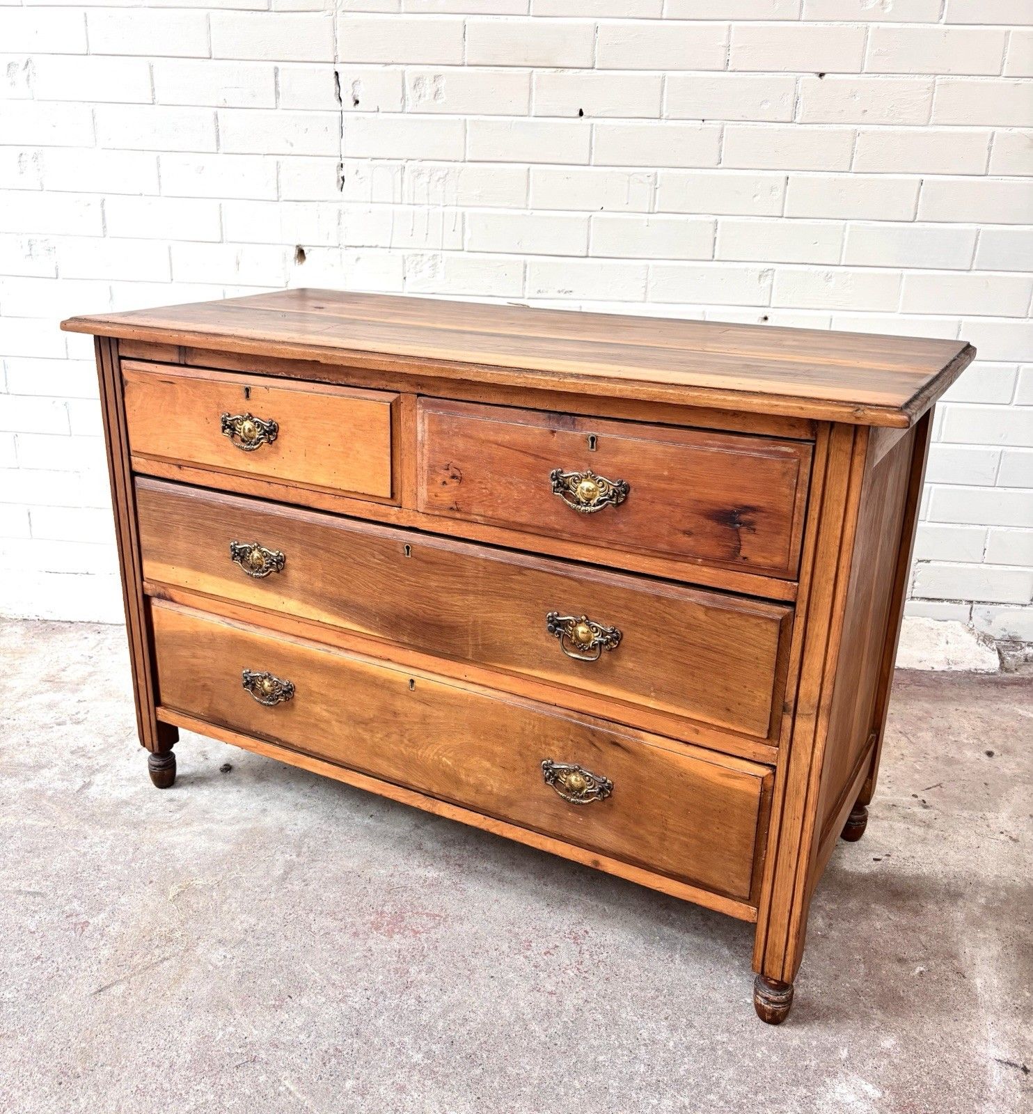 Lovely Low Chest Of Drawers. Satin Walnut With Brass Handles. photo Furniture