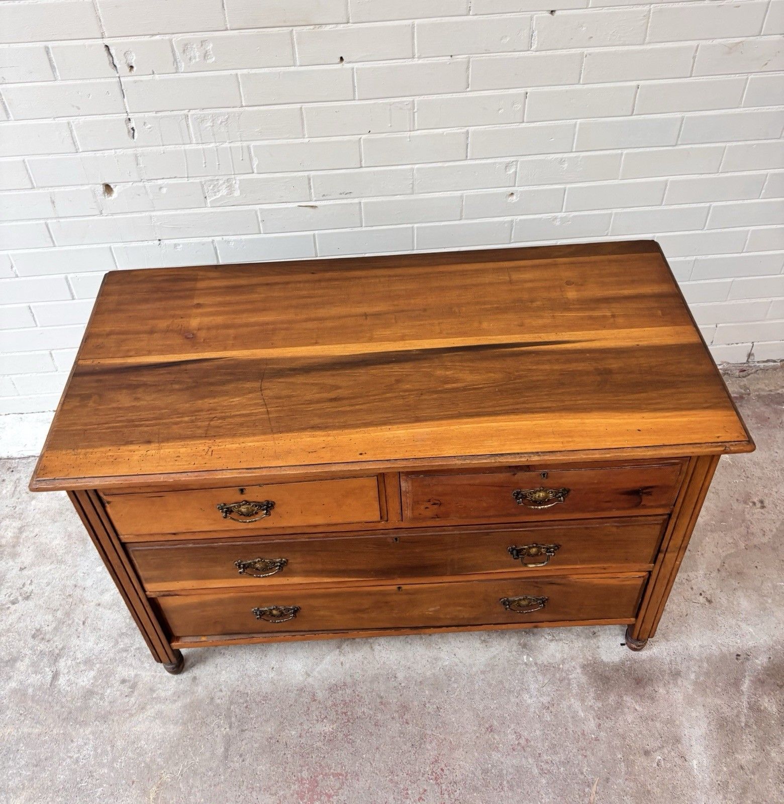 photo furniture Lovely Low Chest Of Drawers. Satin Walnut With Brass Handles.