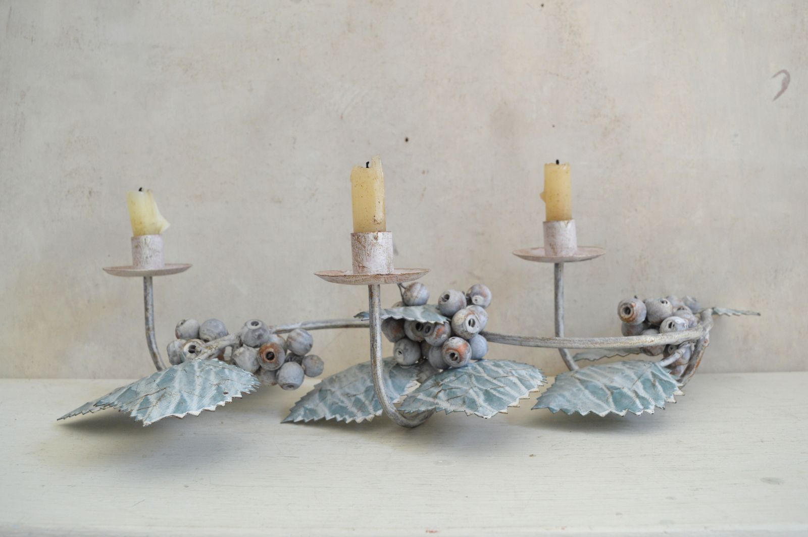 Rare Vintage Grapevine Metal Candle Holder With Blue‑Green Leaves photo furniture