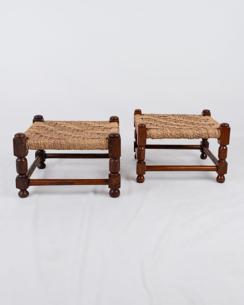 Pair Of Wood And Rope Square Stools, Early 20th Century, France photo for sale