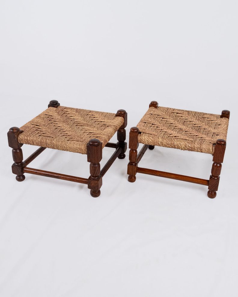 photo furniture Pair Of Wood And Rope Square Stools, Early 20th Century, France