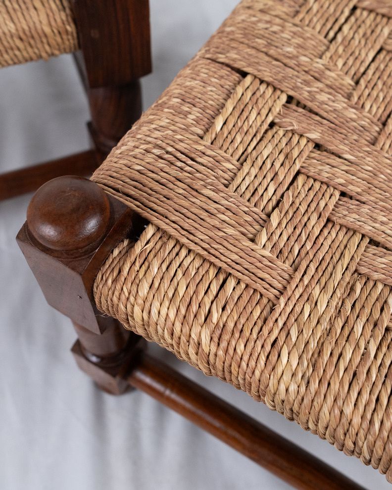 photo buy Pair Of Wood And Rope Square Stools, Early 20th Century, France