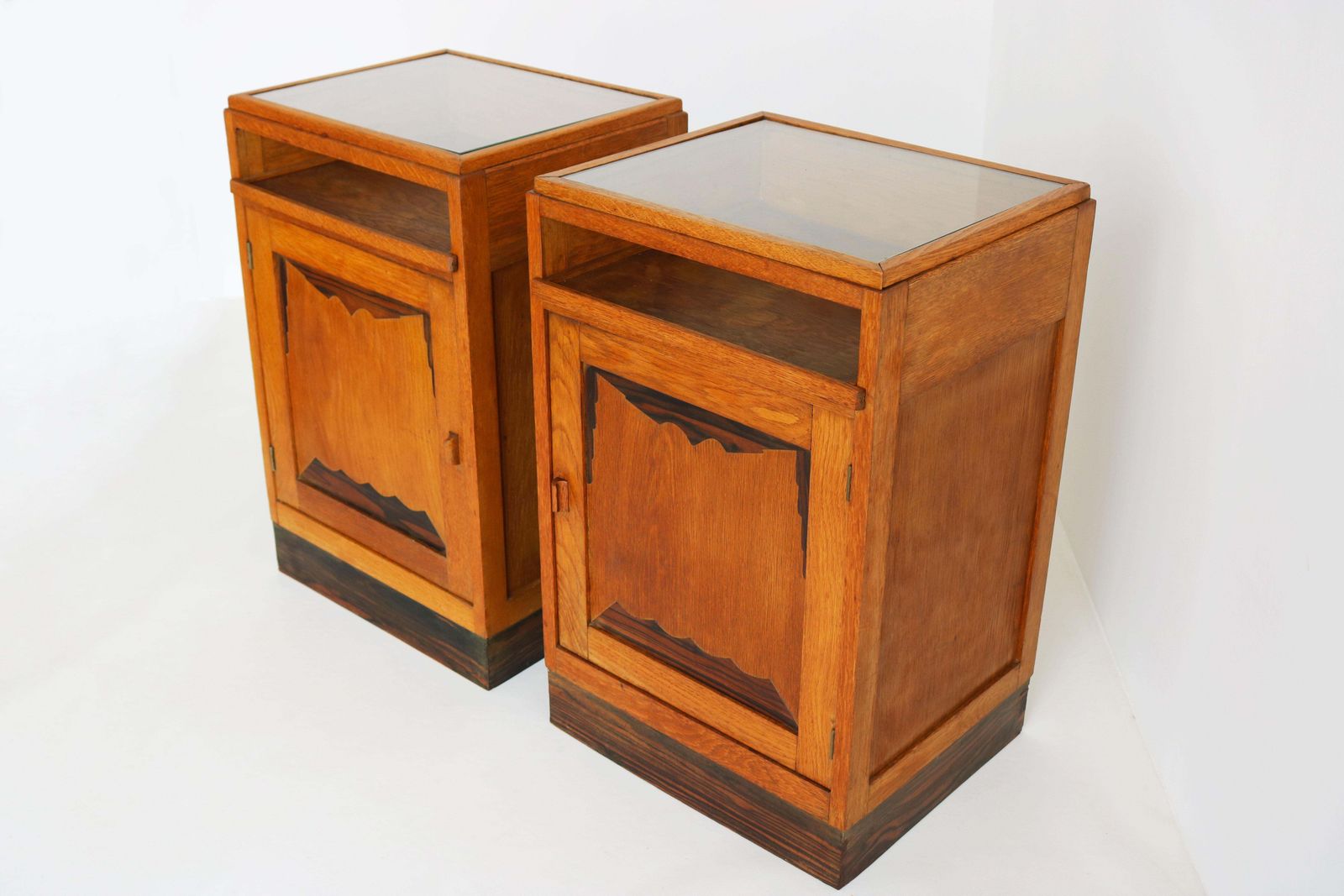 Pair Of Dutch Amsterdam School Bedside Tables 1920 Oak Glass Art Deco Nightstand photo for sale