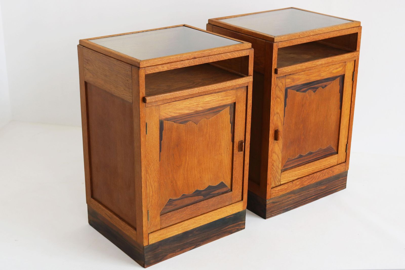Pair Of Dutch Amsterdam School Bedside Tables 1920 Oak Glass Art Deco Nightstand photo Furniture