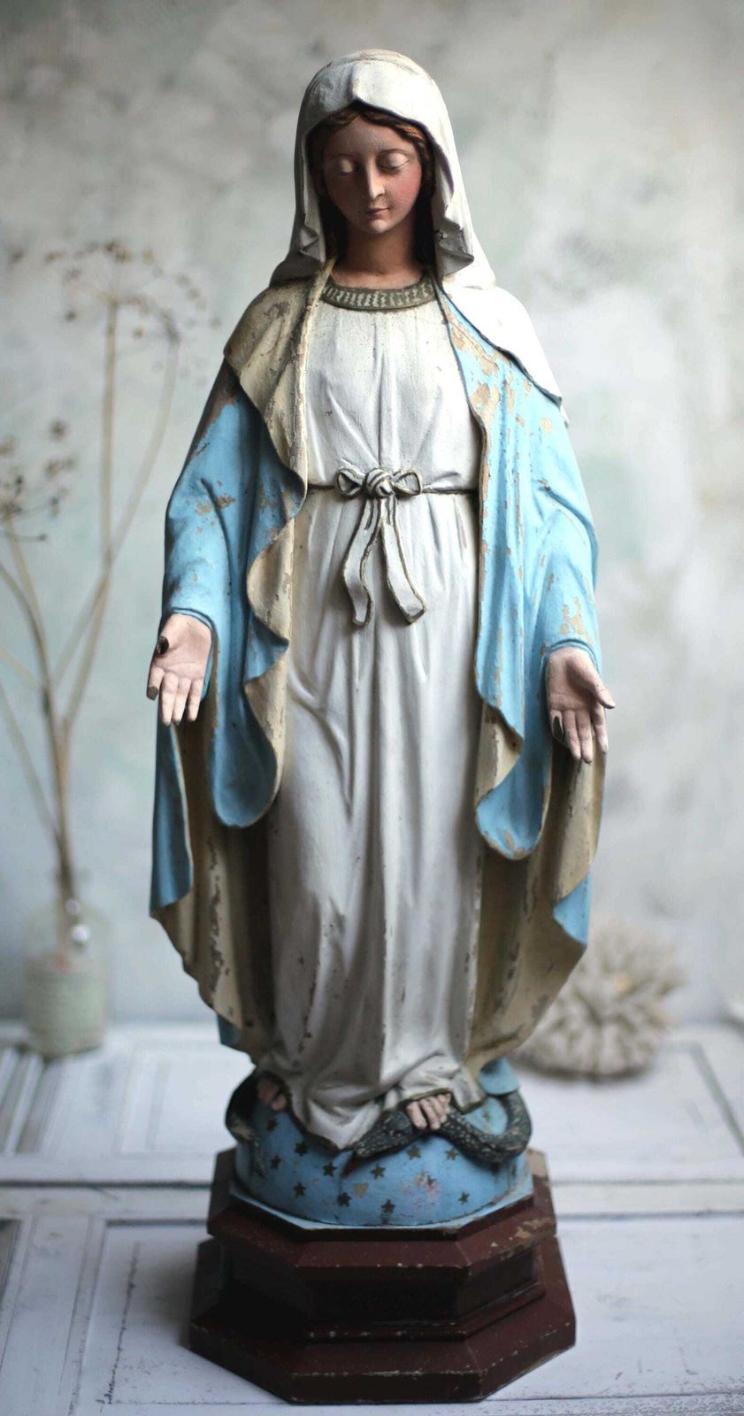 Huge Antique French Madonna Church Statue Large Wooden Polychrome Virgin Mary