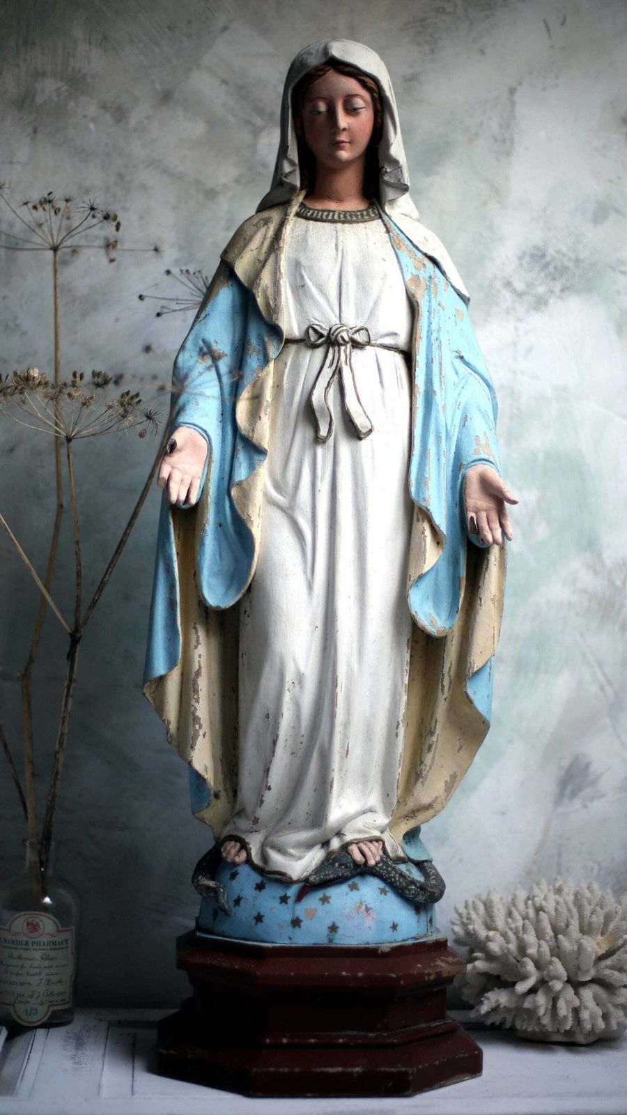 Huge Antique French Madonna Church Statue Large Wooden Polychrome Virgin Mary photo Art