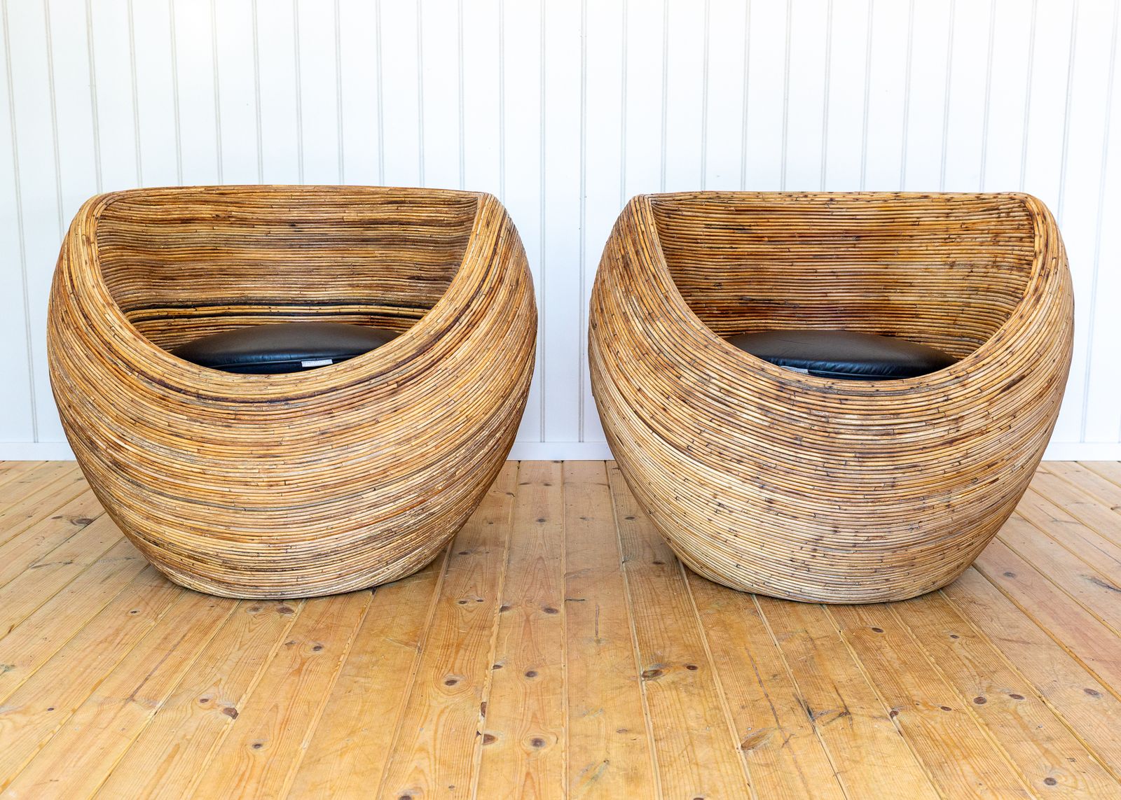 1750.0 Pair Of Blonde Pod Tub Chairs Sculptural Organic Coastal Boho Mcm Conran Rattan Mediterranean Villa Modernis.T Studio Conservatory Patio photo