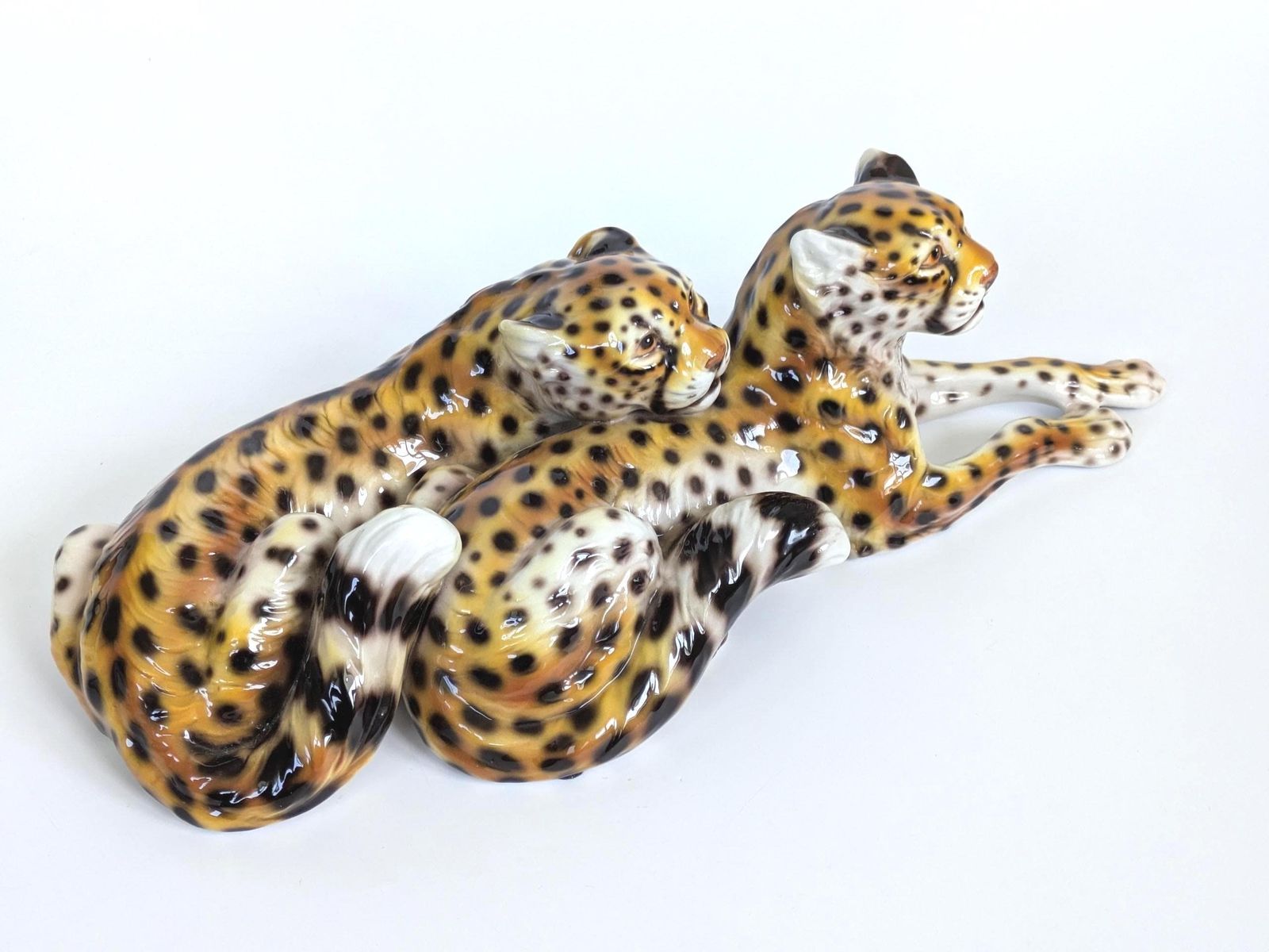 Large Italian Porcelain Leopard Pair Sculpture Mcm Hollywood Regency Ronzan Style photo for sale