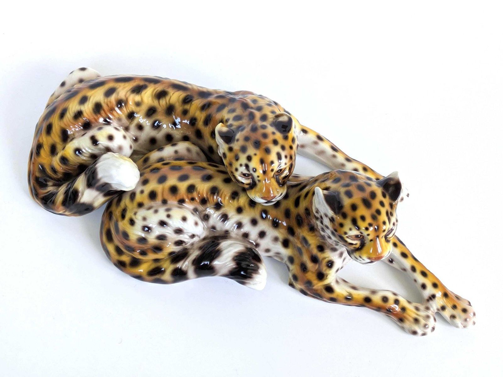 Large Italian Porcelain Leopard Pair Sculpture Mcm Hollywood Regency Ronzan Style photo Art