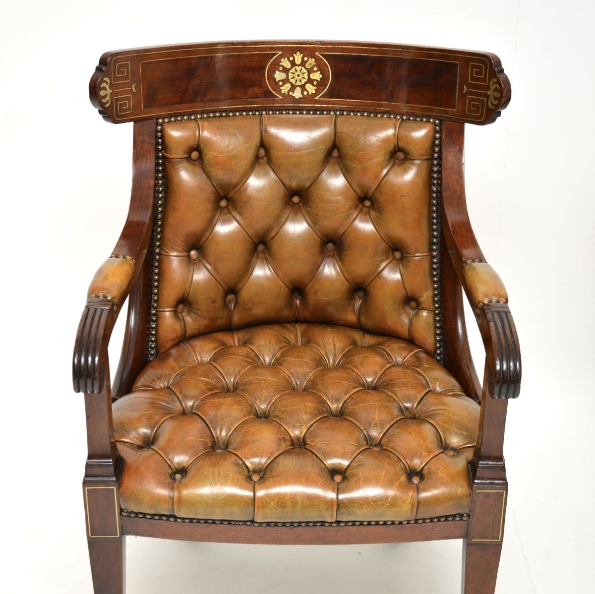 Pair Of Antique Regency Period Brass Inlaid Mahogany And Leather Armchairs photo Furniture