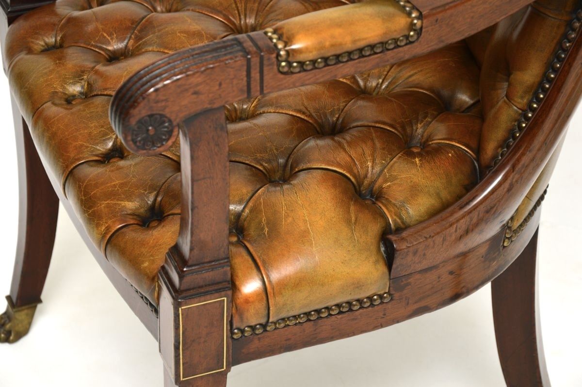 photo for sale Pair Of Antique Regency Period Brass Inlaid Mahogany And Leather Armchairs