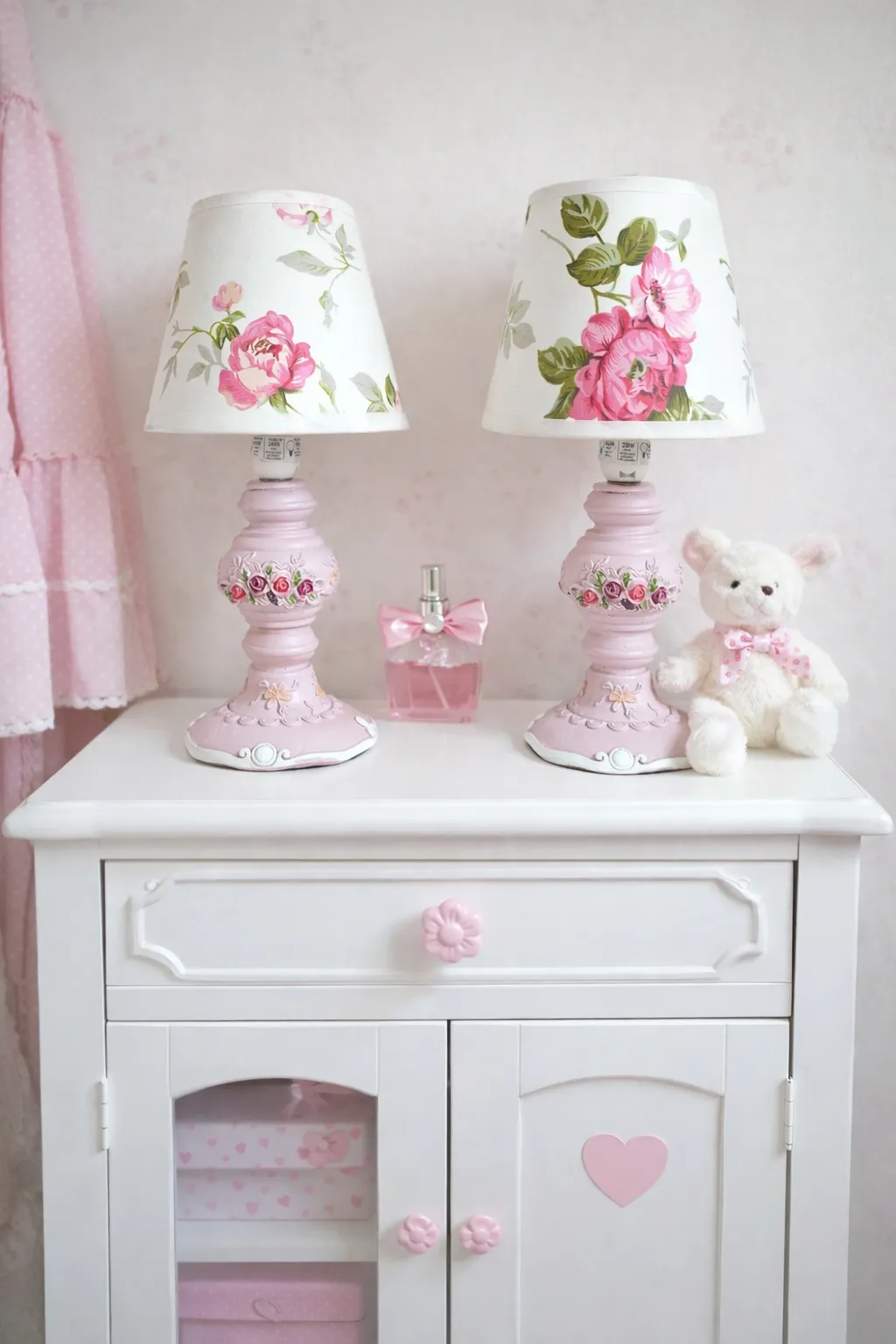 Rare Pair Pink Floral Table Lamps – Shabby Chic Rose Lampshades   In Line Switch Lighting