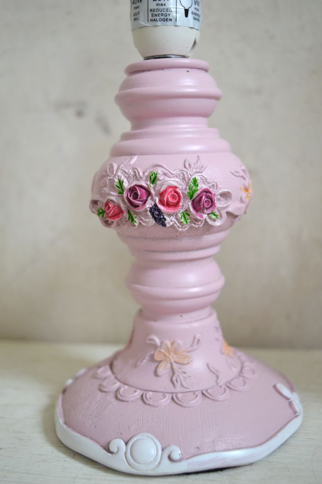 Rare Pair Pink Floral Table Lamps – Shabby Chic Rose Lampshades   In Line Switch Lighting photo for sale