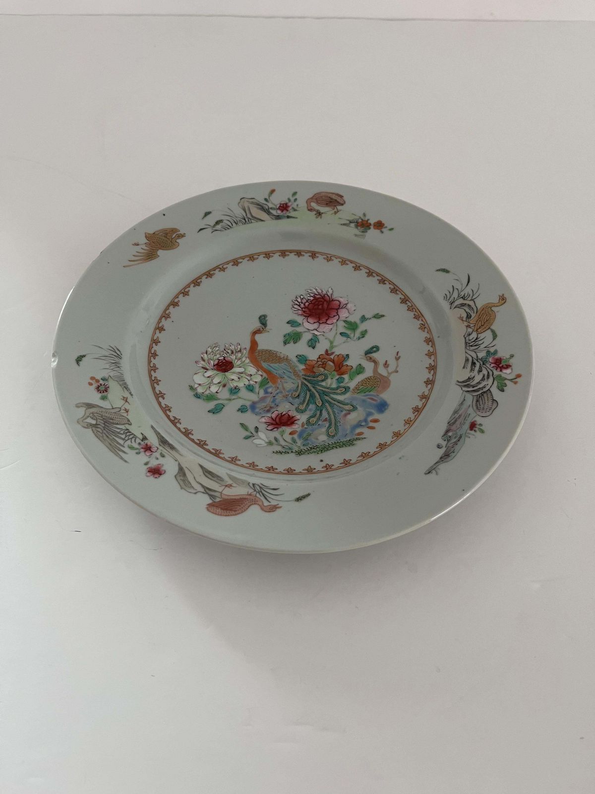 photo for sale Chinese Porcelain Plate, Famille Rose Peacocks, Qing Yongzheng, 1730