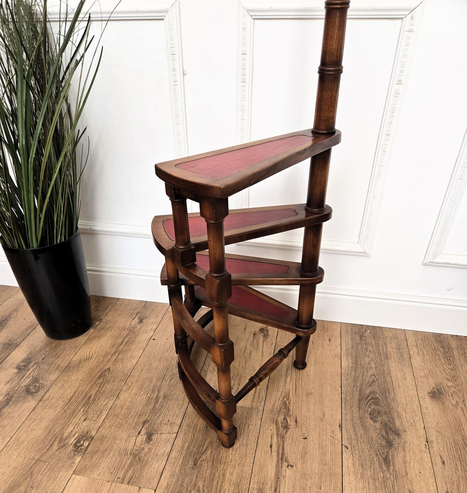 Midcentury Italian Carved Walnut Wood And Leather Spiral 4 Step Library Ladder photo vinterior