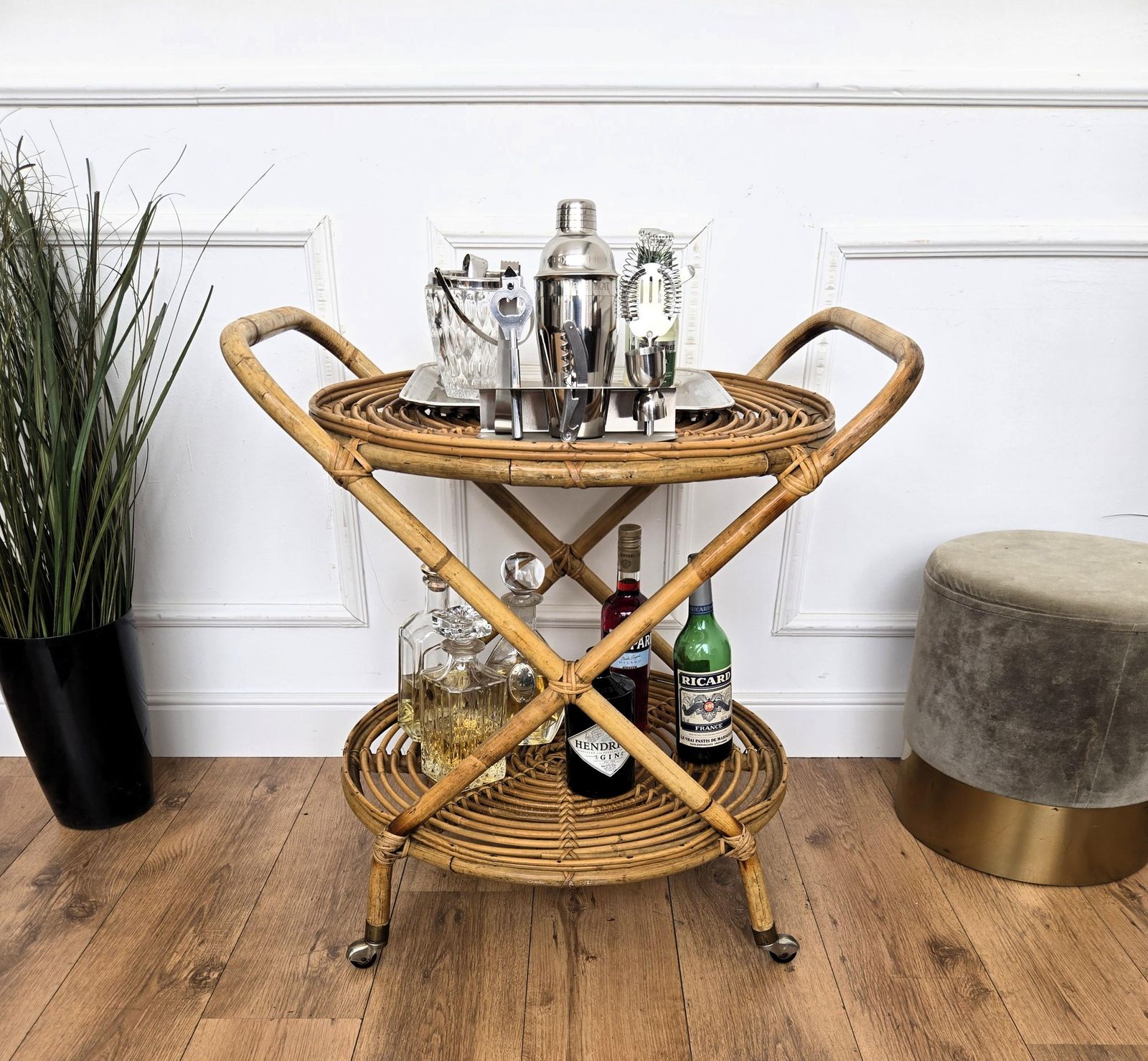 1970s Italian Bamboo Rattan Bohemian French Riviera Serving Bar Cart Cabinet photo for sale