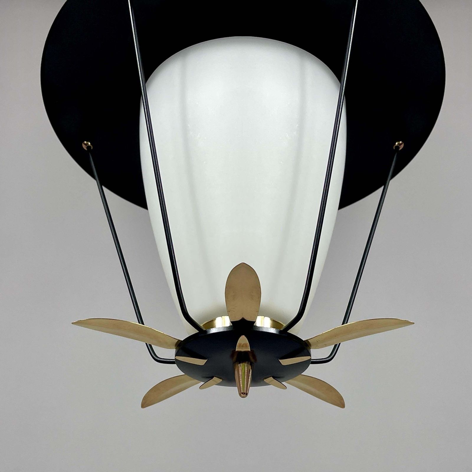 Black Metal And White Opaline Lantern With Brass Details, France 1950s photo for sale