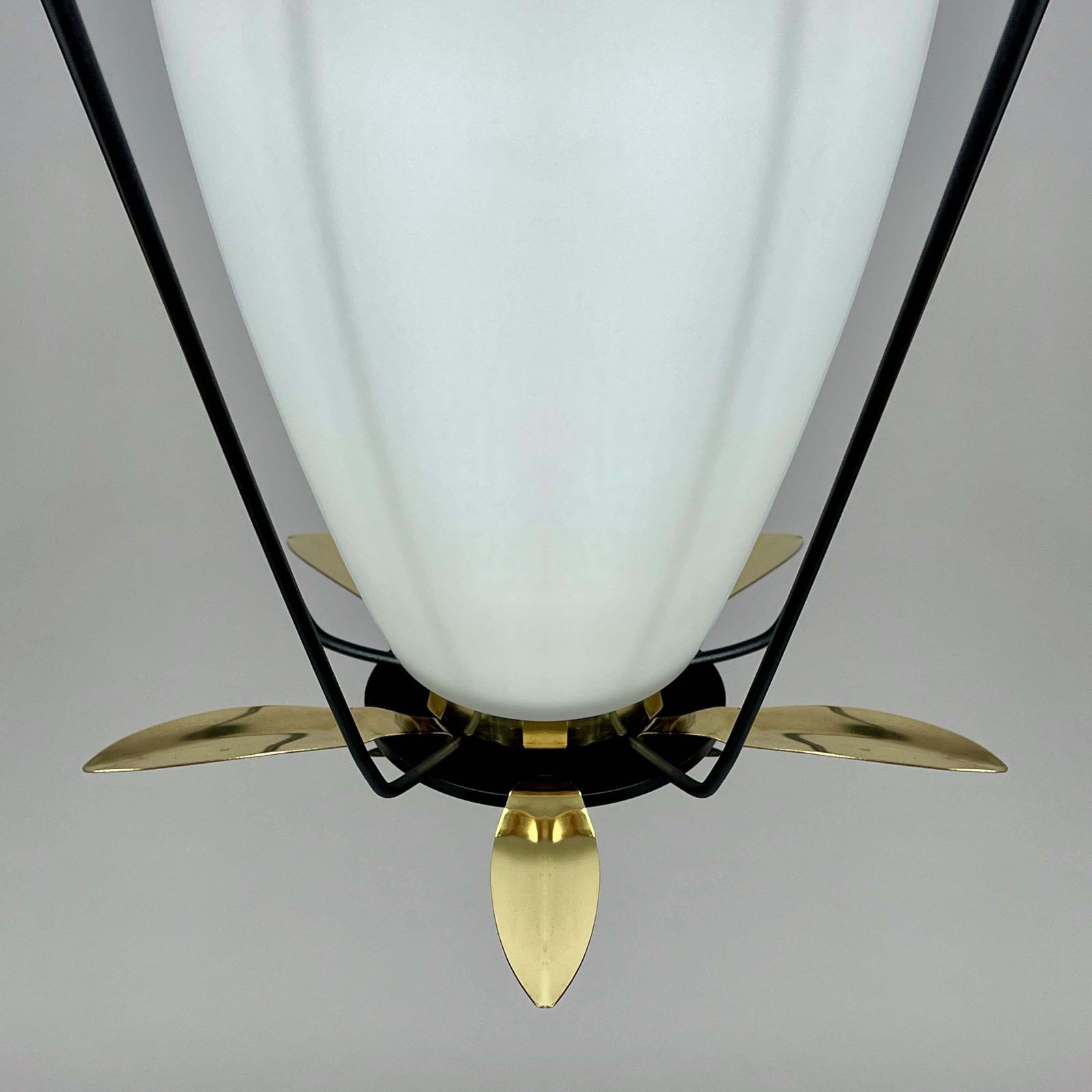 photo furniture Black Metal And White Opaline Lantern With Brass Details, France 1950s