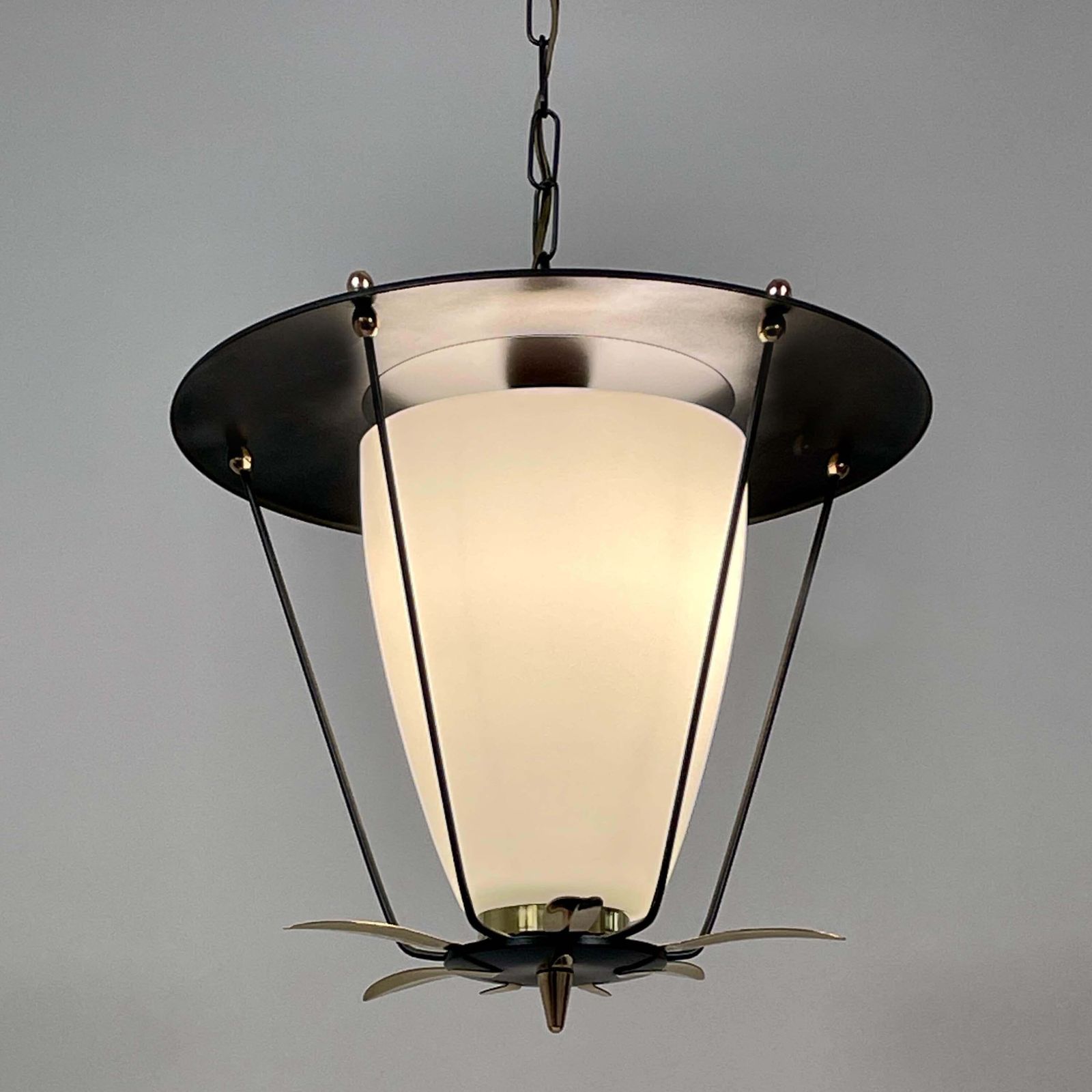 photo for sale Black Metal And White Opaline Lantern With Brass Details, France 1950s