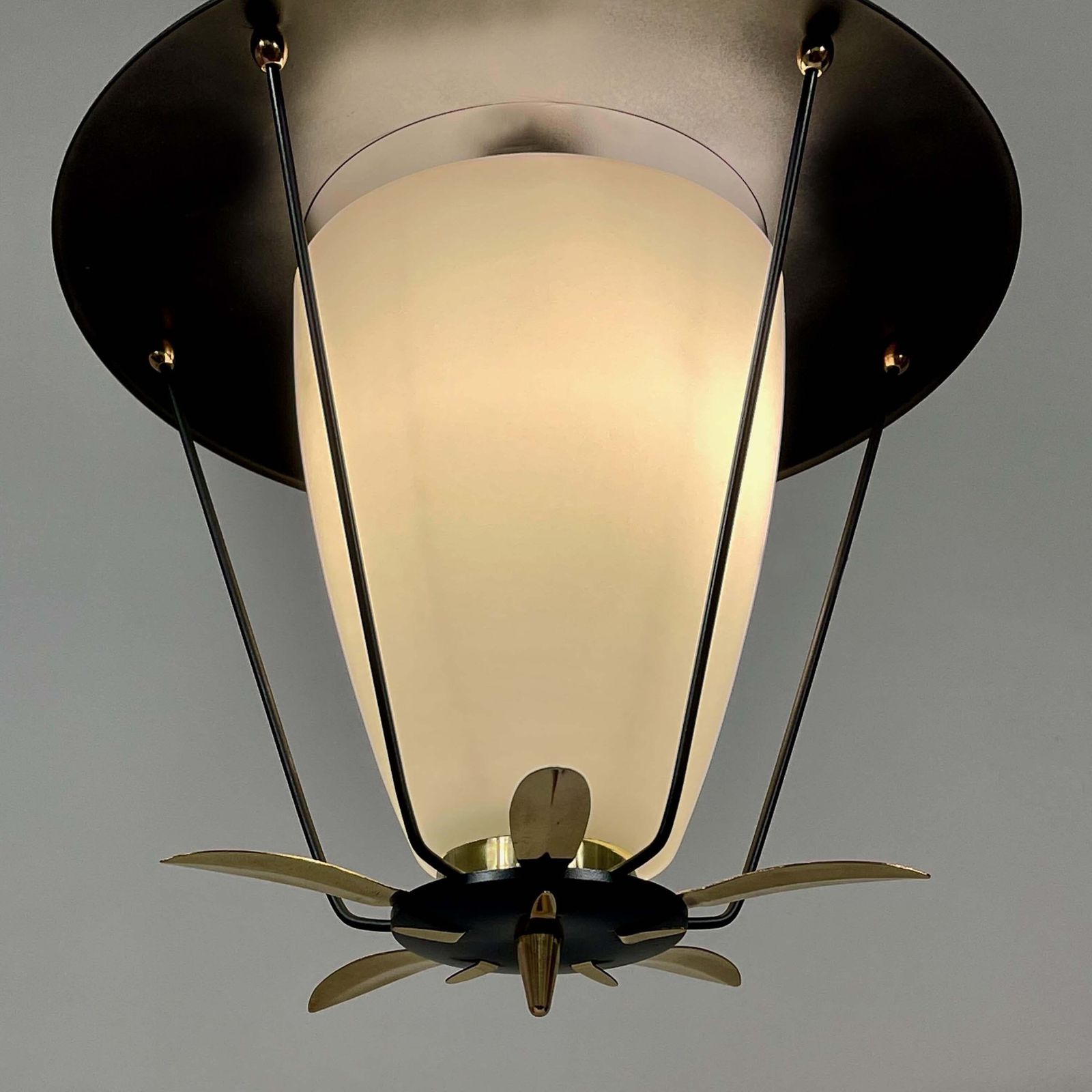 1263.0 Black Metal And White Opaline Lantern With Brass Details, France 1950s photo