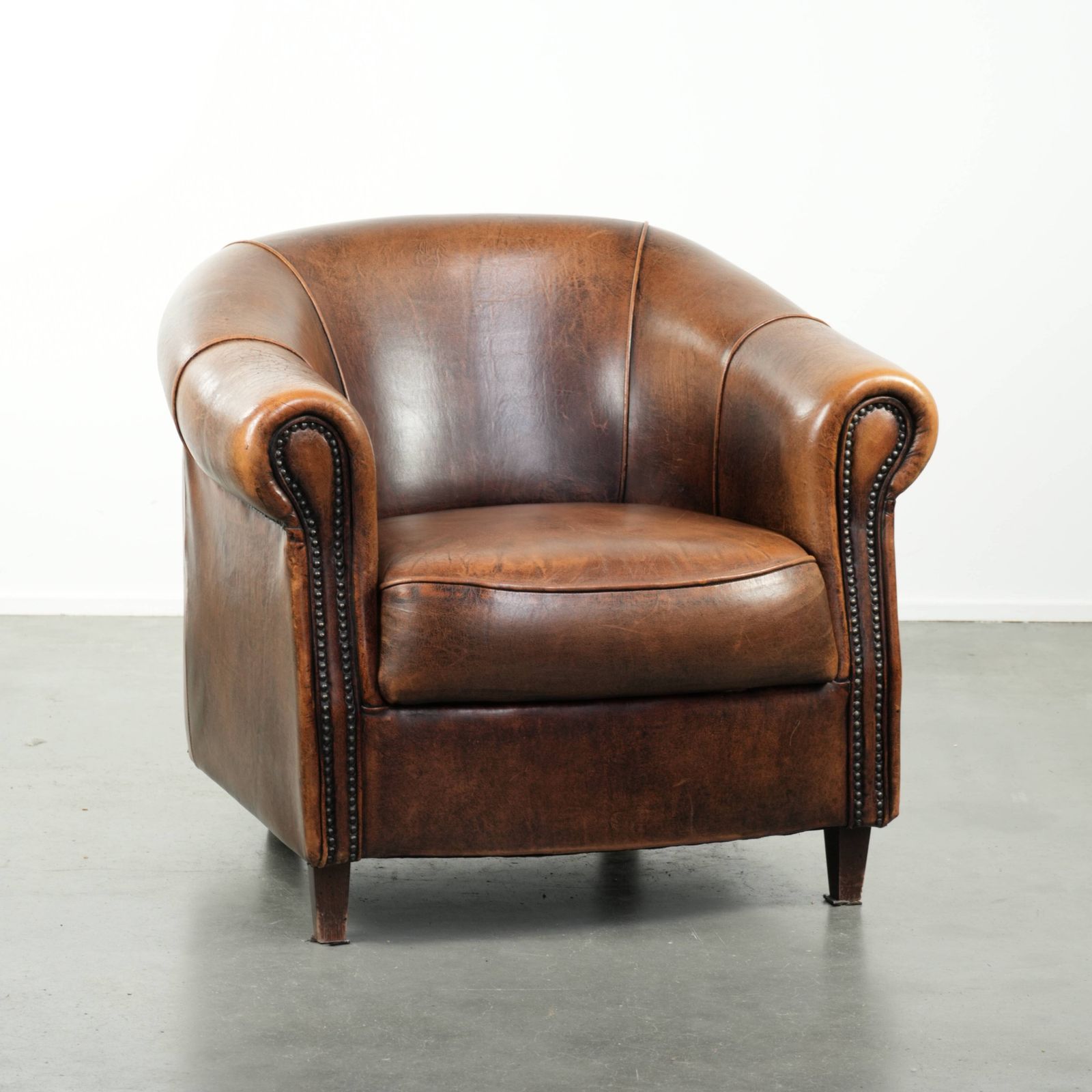 Characterful And Comfortable Club Armchair Made Of Sheepskin With A Fixed Seat Cushion And Excellent Colors