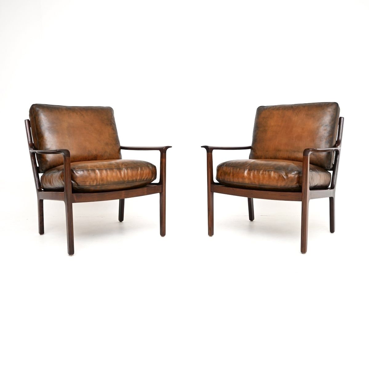 Pair Of Vintage Scandinavian Rosewood And Leather Armchairs By Frederik Kayser