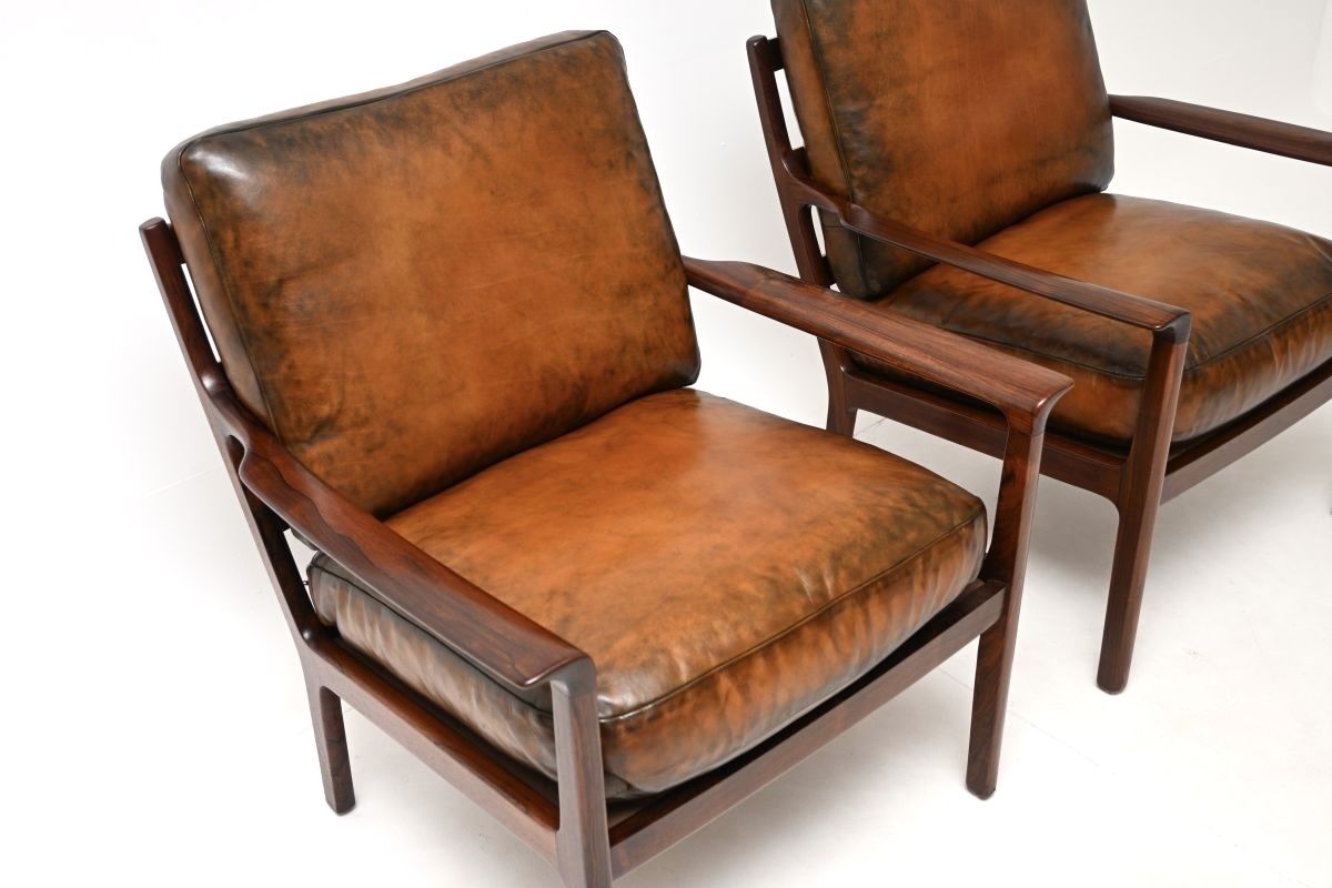 Pair Of Vintage Scandinavian Rosewood And Leather Armchairs By Frederik Kayser photo vintage
