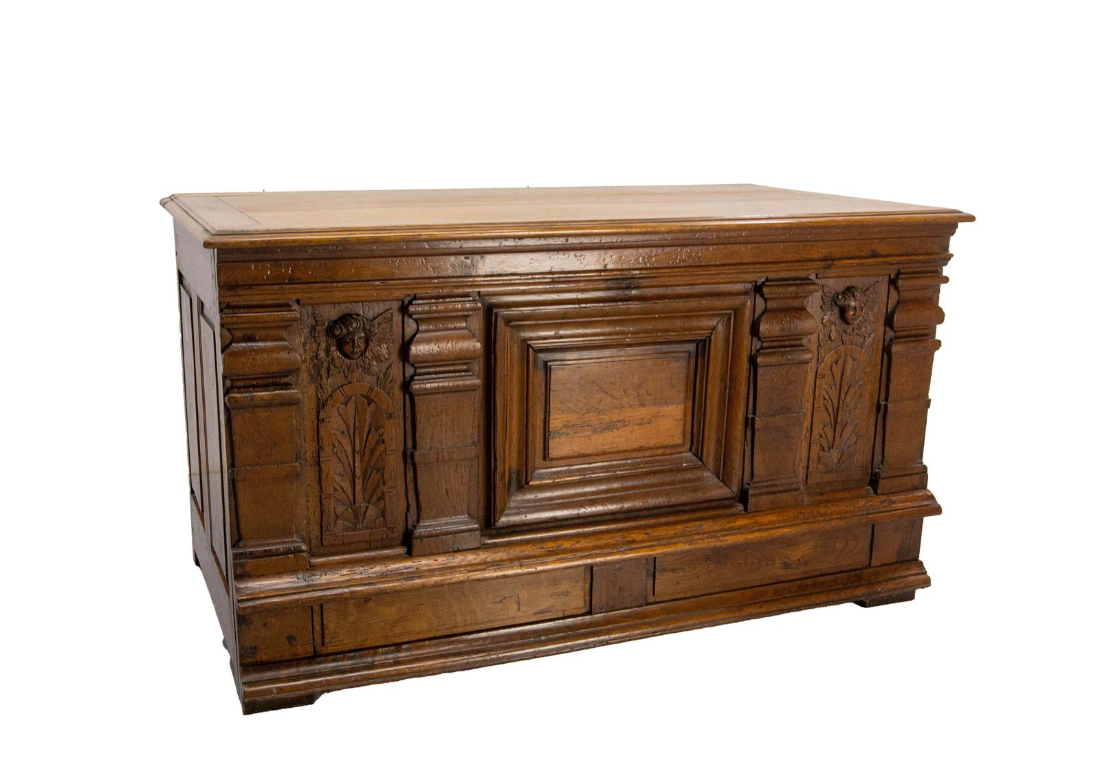 French 19th Century Carved Oak Putti Desk Louis XIII Facade Circa 17th Century photo furniture