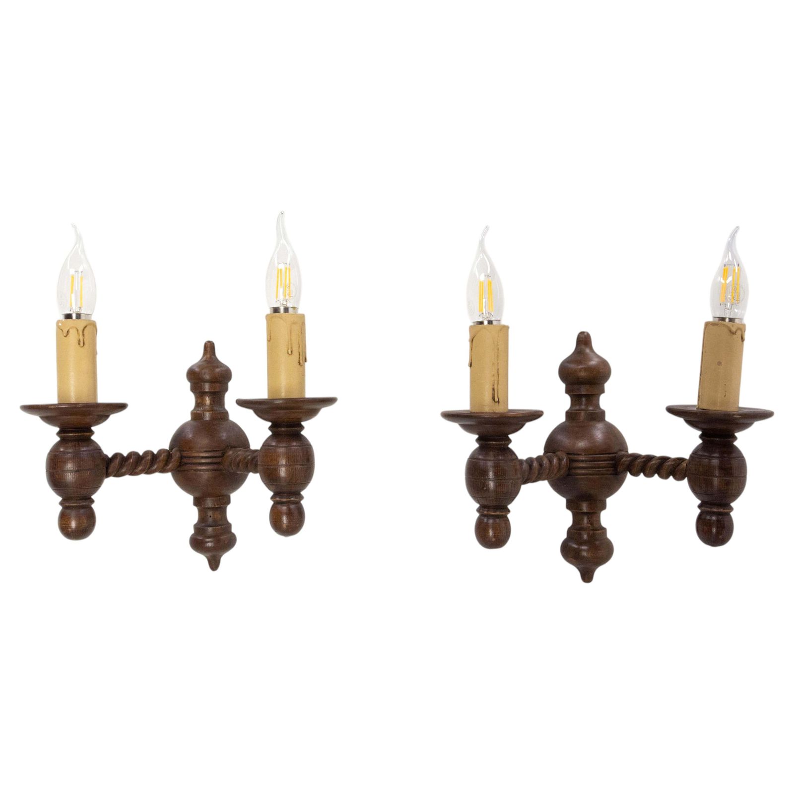 Pair Of Turned Wood Double Sconces Beech Spanish Style Wall Lights C 1940 France