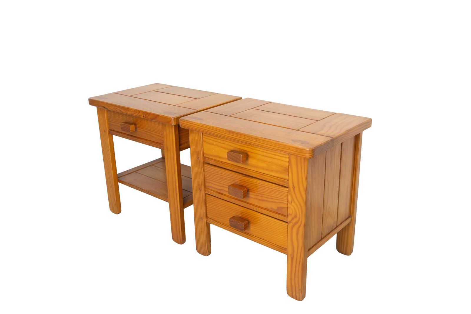 French Pair Nightstands Charlotte Perriand Style Bedside Tables Pine Circa 1970 photo for sale