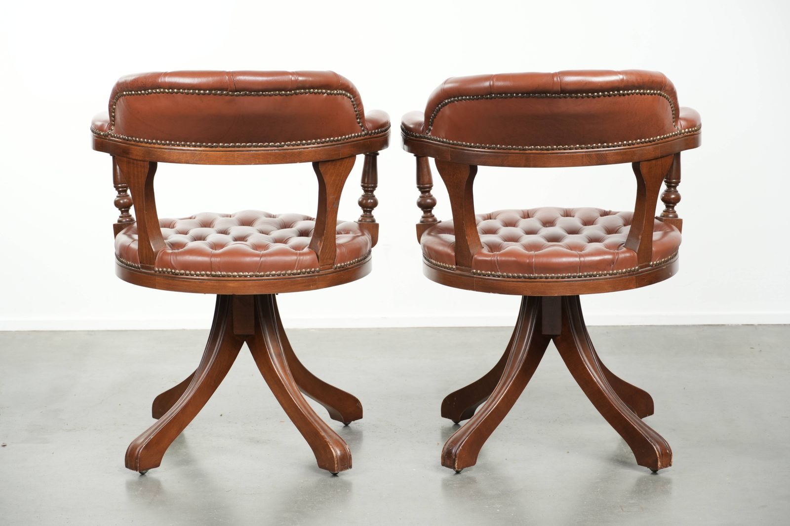 Set Of 2 Swivel English Style Cowhide Leather Chesterfield Office Chairs In A Beautiful Brown Color photo for sale