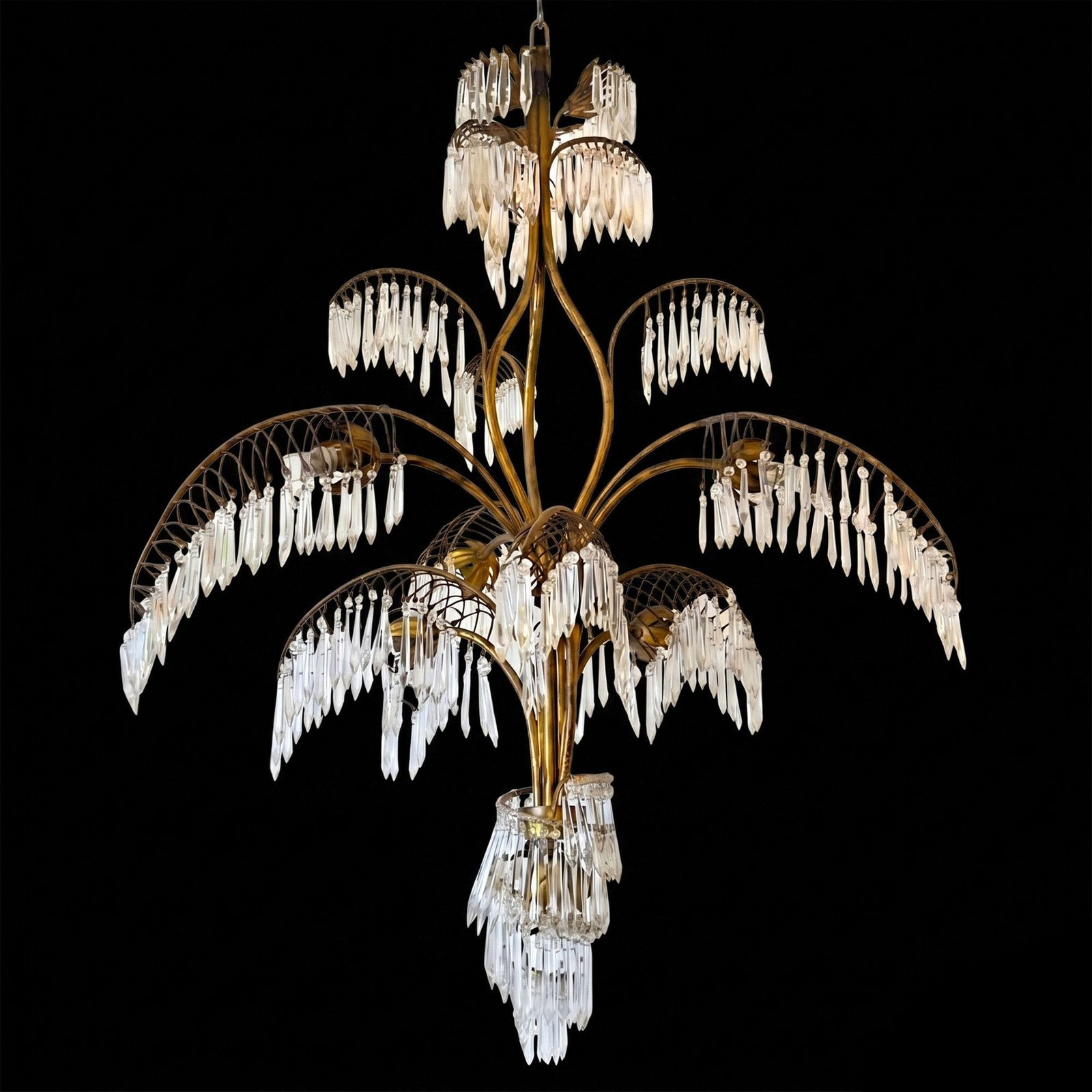 French 1950s Palm Chandelier, Brass And Glass With Seven Lights