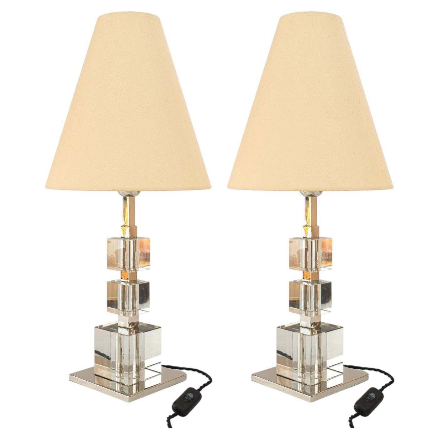 2 Big Art Deco Bakalowits Nickel Plated Table Lamps With Fabric Shades 1920s
