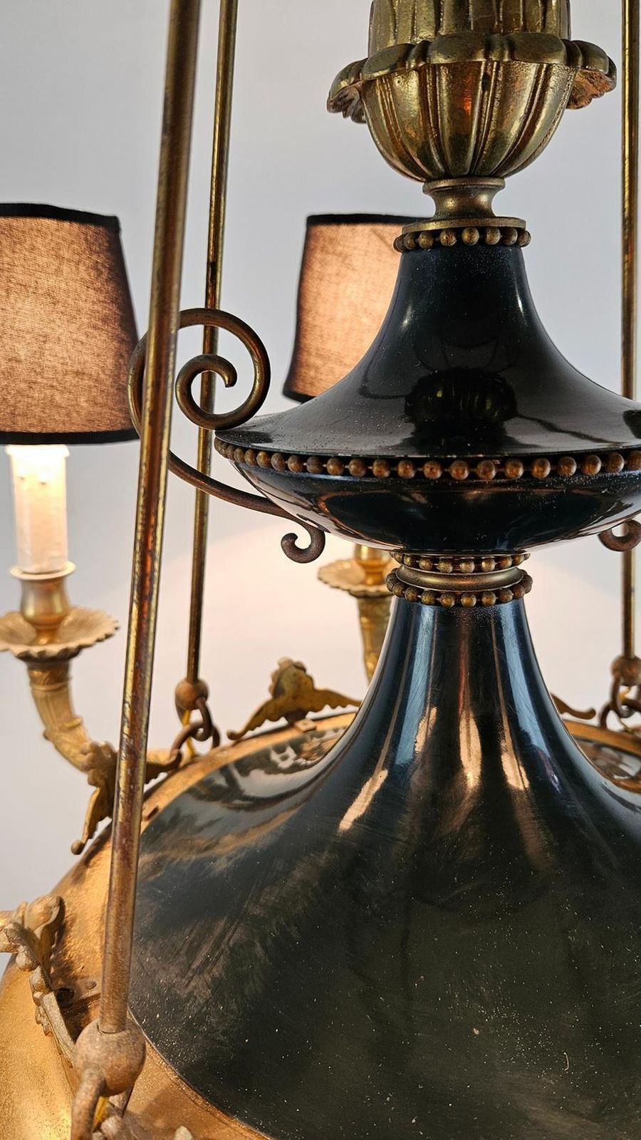 Large Italian Empire Style Chandelier With Tôle And Gilt Bronze Details, 1940s photo buy