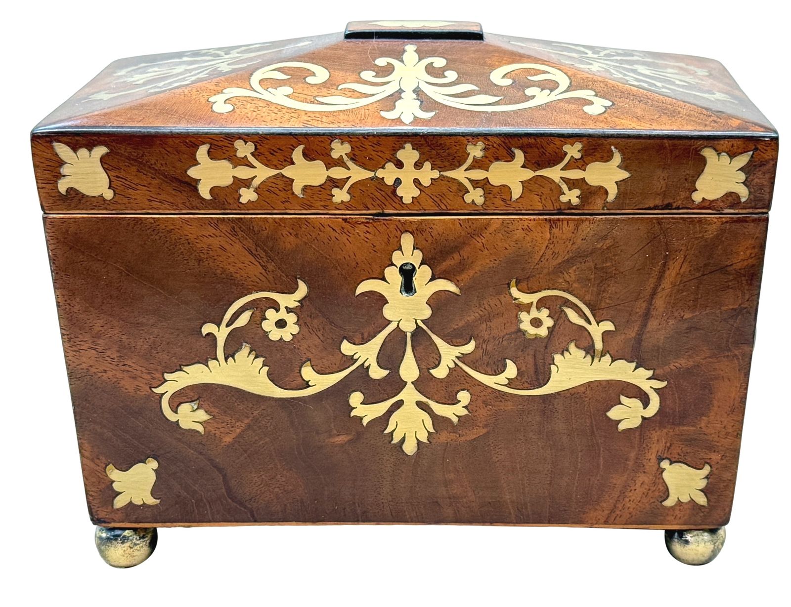 1295.0 Regency Mahogany 19th Century Brass Inlaid Tea Caddy (England, Circa 1815) photo