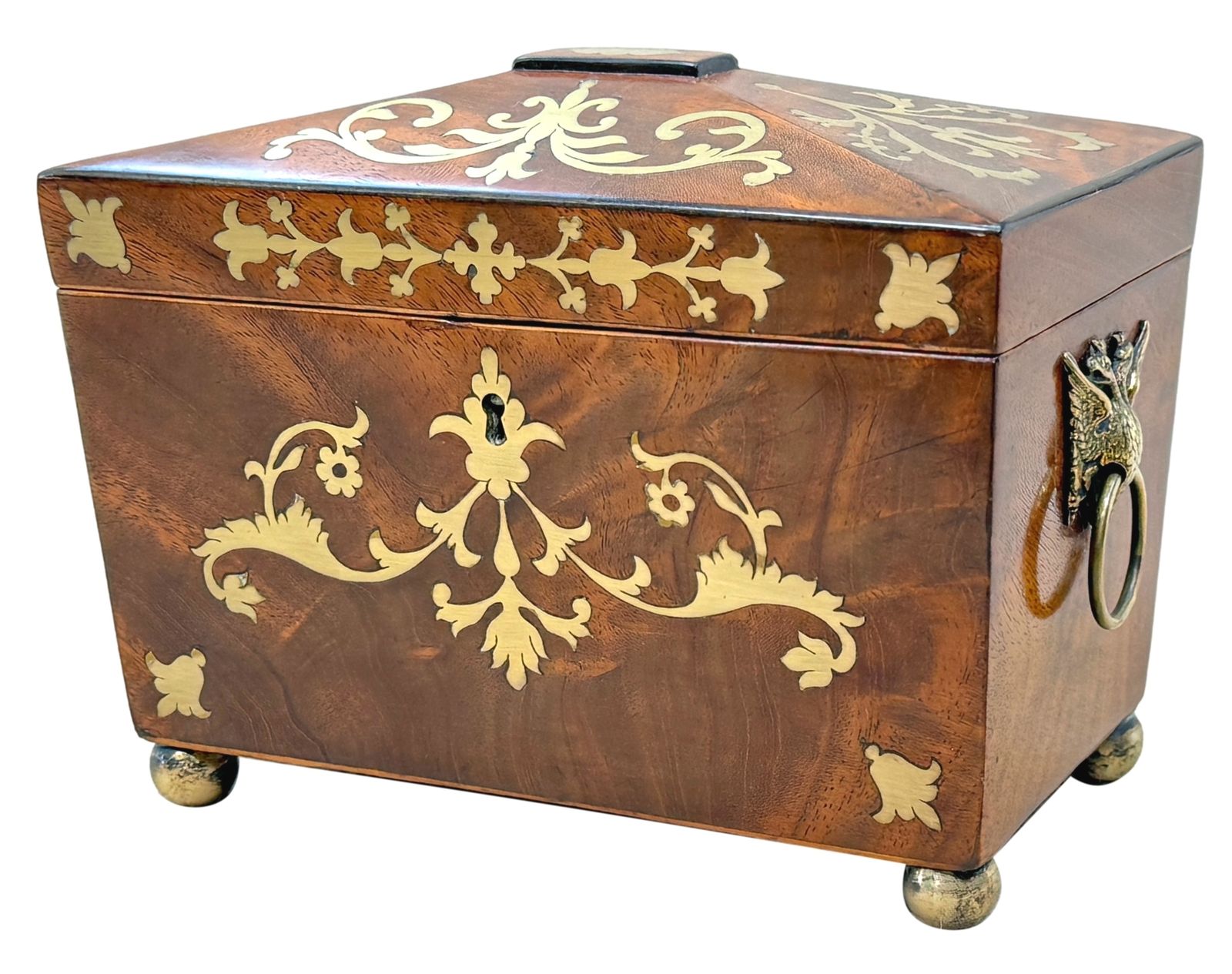 Regency Mahogany 19th Century Brass Inlaid Tea Caddy (England, Circa 1815)