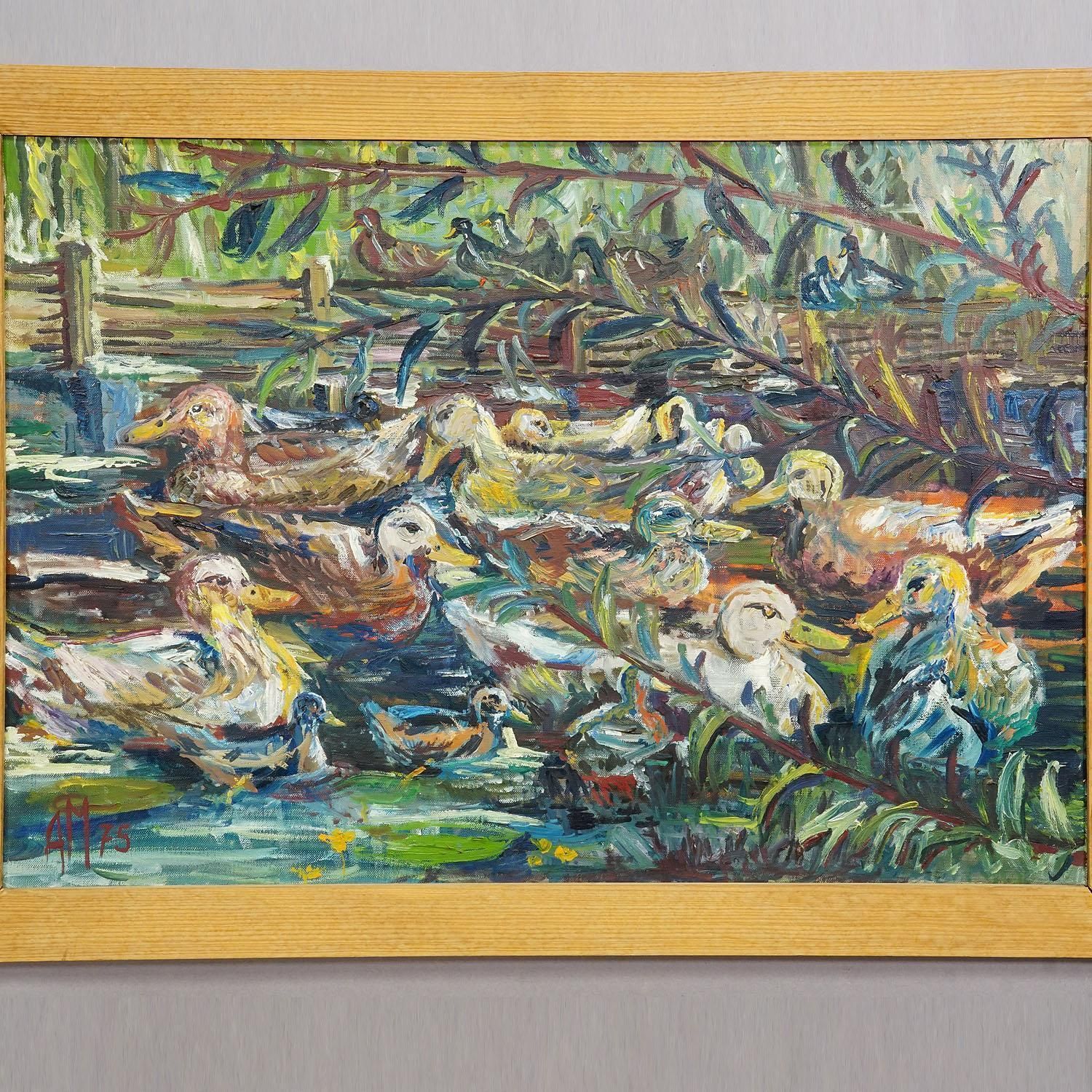 Eendenvijver in Taufkirchen, 1975 – Olieverfschilderij van Alexander Michael photo Kunst